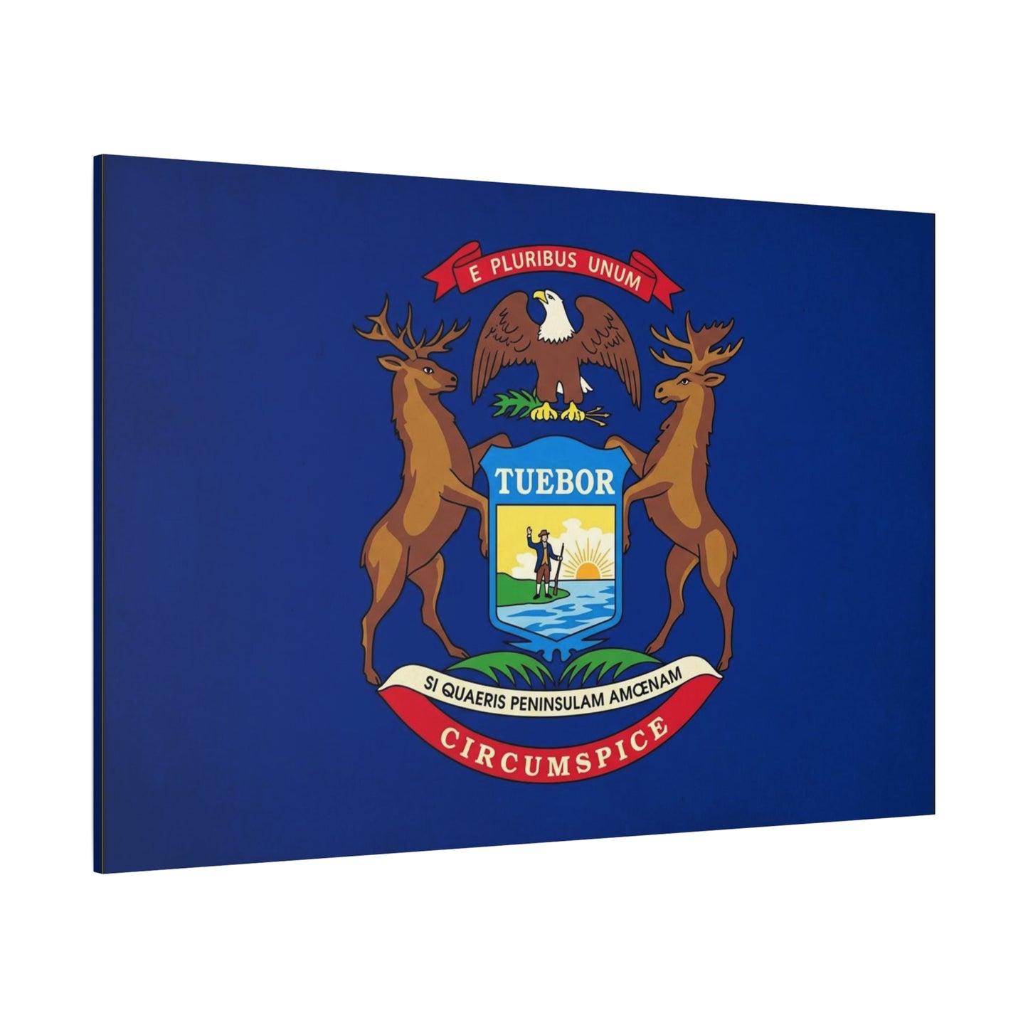 "E Pluribus Unum" Michigan State Flag Canvas Wall Art - Blue Crest With Elk Eagle And "Tuebor" - Vintage Heraldic Decor, Living Room Wall Decor, Office Art - Bedroom Home Decoration - Ready to Hang