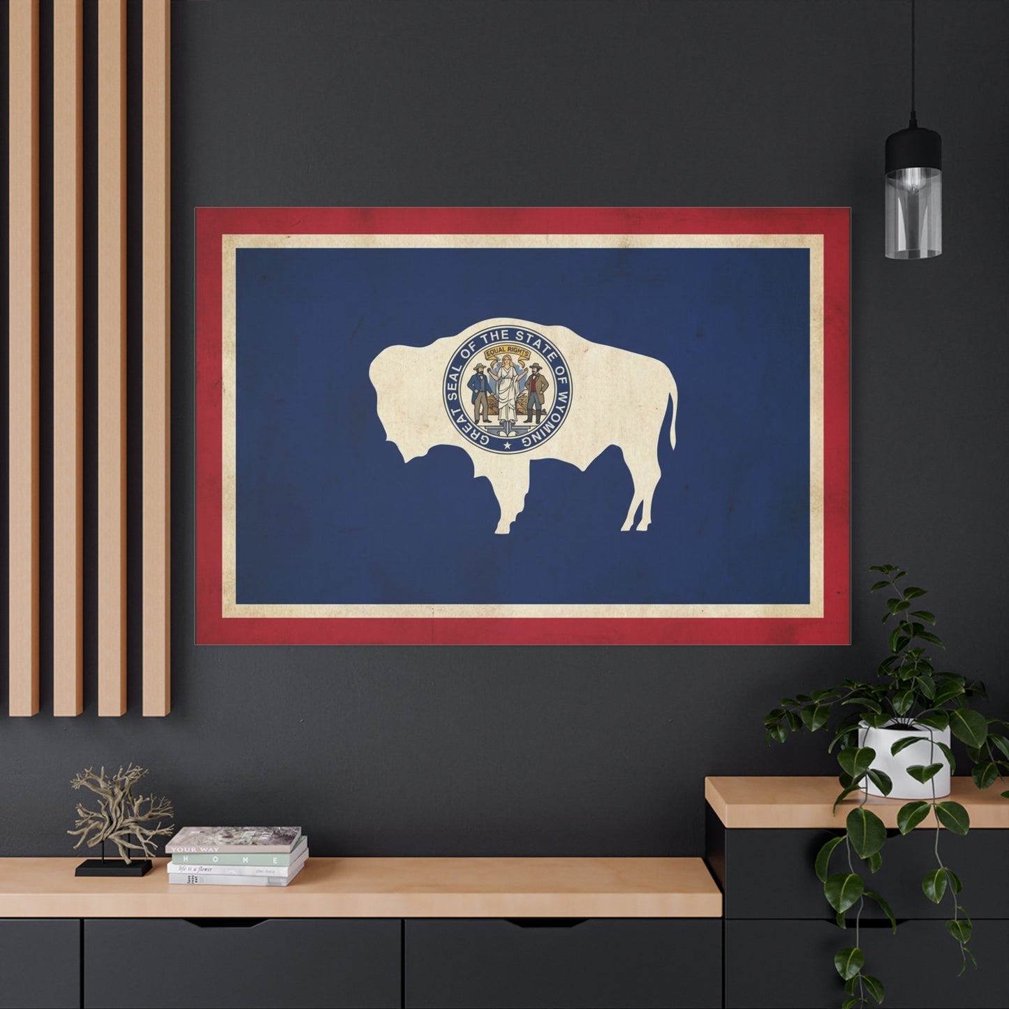 Wyoming State Flag Canvas Wall Art - Great Seal Of The State Of Wyoming Buffalo Print - Vintage Patriotic Western Decor - Rustic Americana Style - Living Room Wall Decor - Bedroom Home Decoration