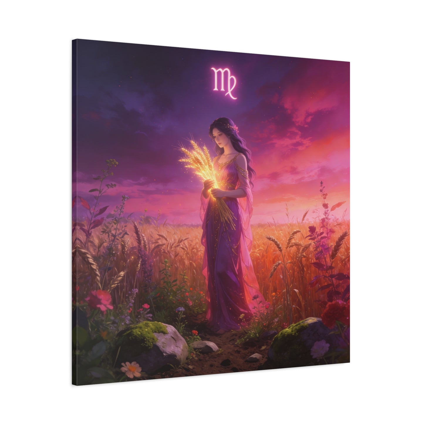 Virgo Zodiac Canvas Wall Art - Maiden Holding Glowing Wheat, Purple Twilight Field - Fantasy Illustration, Matte Canvas Print - Bedroom Wall Decor, Meditation Space Accent - Bedroom Home Decoration