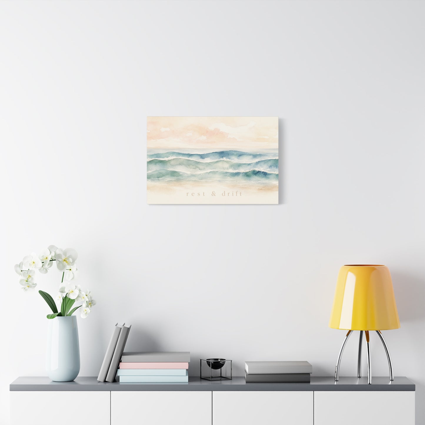 "Rest & Drift" Coastal Ocean Waves Canvas Wall Art - Watercolor Seascape Beach Decor - Serene Pastel Blue And Peach - Bedroom Home Decoration, Living Room Accent, Jellyfish Room Decor - Ready to Hang
