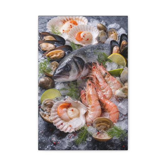 Seafood Still Life Canvas Wall Art - Fish, Shrimp, Scallops On Ice Food Print - Coastal Kitchen Decor, Dining Room Wall Decor, Contemporary Home Decoration, Matte Canvas Print - Modern Farmhouse Style