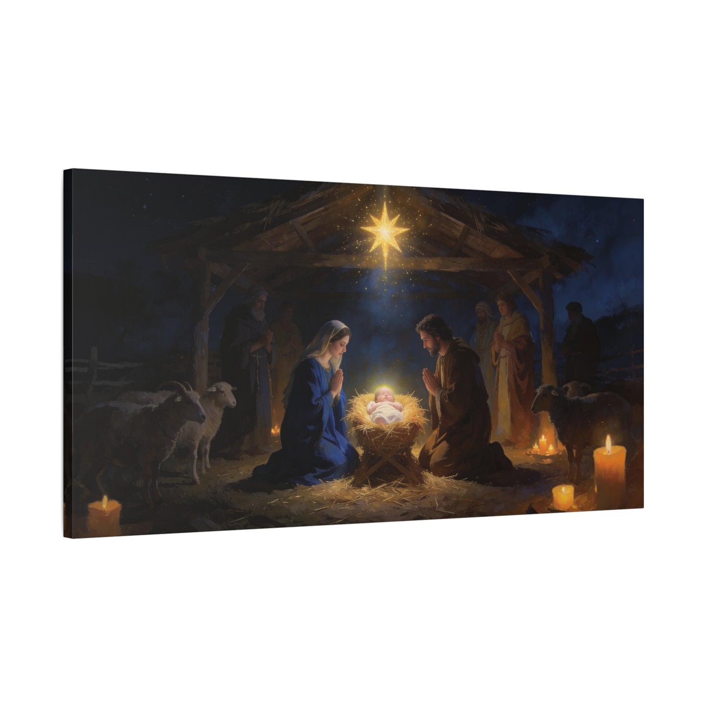 Nativity Scene Canvas Wall Art - Virgin Mary, Joseph, Baby Jesus In Manger - Starry Stable Religious Print - Traditional Christian Decor - Living Room Wall Decor Bedroom Home Decoration