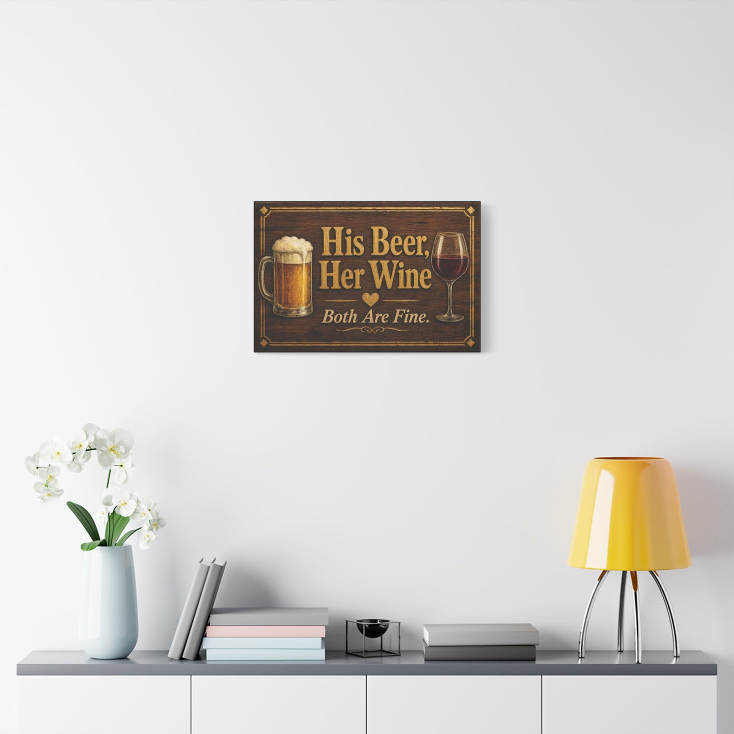 "His Beer, Her Wine Both Are Fine." Canvas Wall Art - Rustic Bar Sign, Beer Mug And Red Wine Glass Quote Print - Vintage Brown Wood Look Typography - Pub Wall Art - Cocktail Lounge Decor