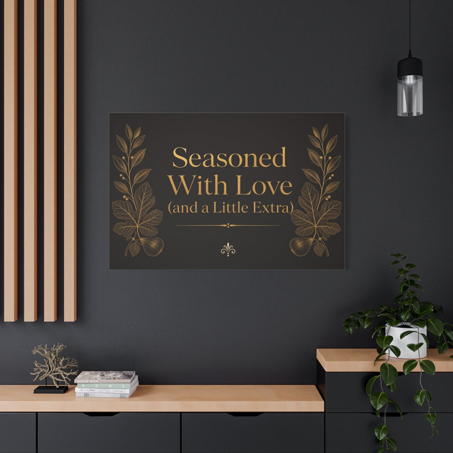 "Seasoned With Love (and a Little Extra)" Typography Canvas Wall Art - Black And Gold Kitchen Quote Decor, Vintage Botanical Cooking Wall Hanging, Dining Room Home Decoration - Bedroom Home Decoration