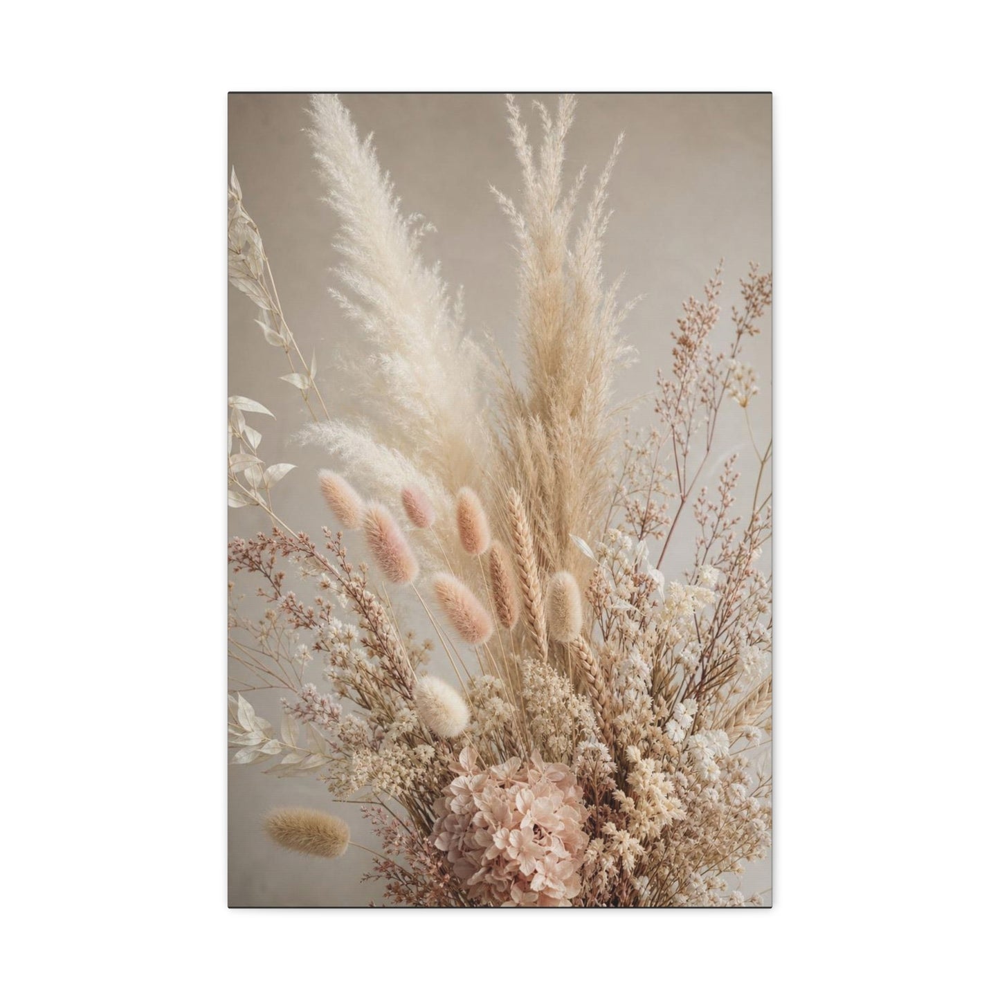 Dried Pampas Grass Floral Canvas Wall Art - Neutral Botanical Bouquet, Blush Bunny Tail Stems, Cotton Canvas Print - Bohemian Farmhouse Style - Bedroom Wall Decor, Spa Accent - Bedroom Home Decoration