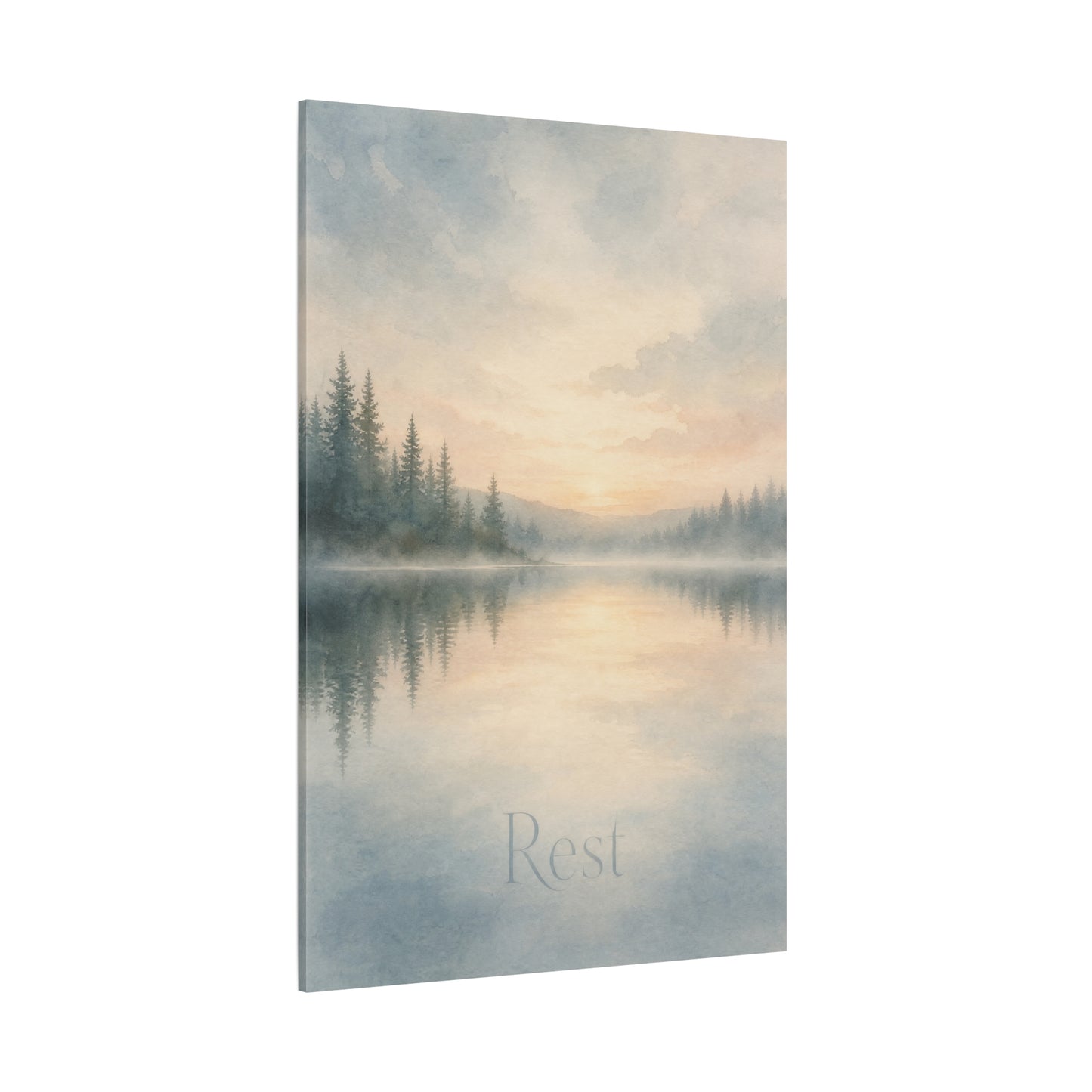 "Rest" Misty Lake Canvas Wall Art - Pine Forest Sunrise Reflection Print - Serene Landscape Home Decor, Bedroom Wall Hanging, Minimalist Nature Artwork, Meditation Space Accent - Ready to Hang