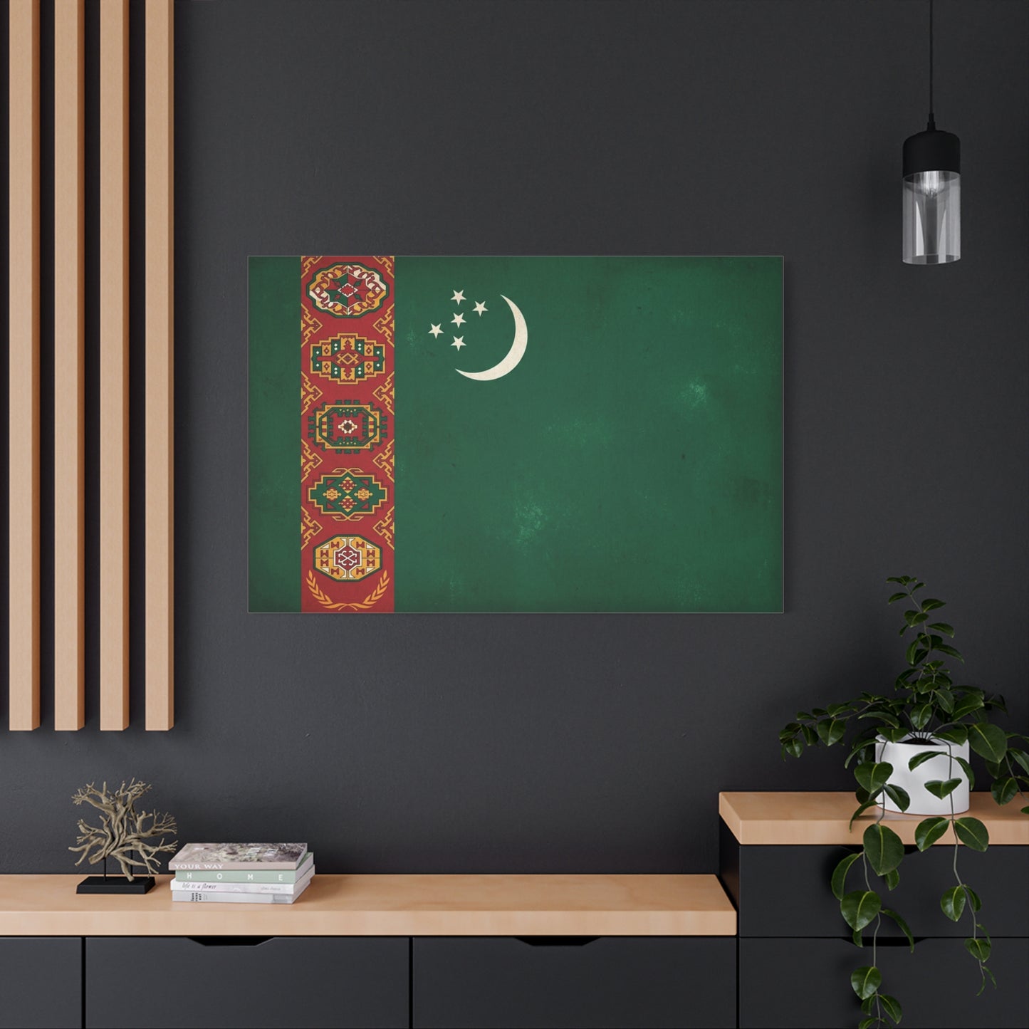 Turkmenistan Flag Canvas Wall Art - Vintage Nation Banner Print, Green Crescent Stars, Heritage Decor - Traditional Style - Living Room Wall Decor, Bedroom Home Decoration - Bedroom Home Decoration