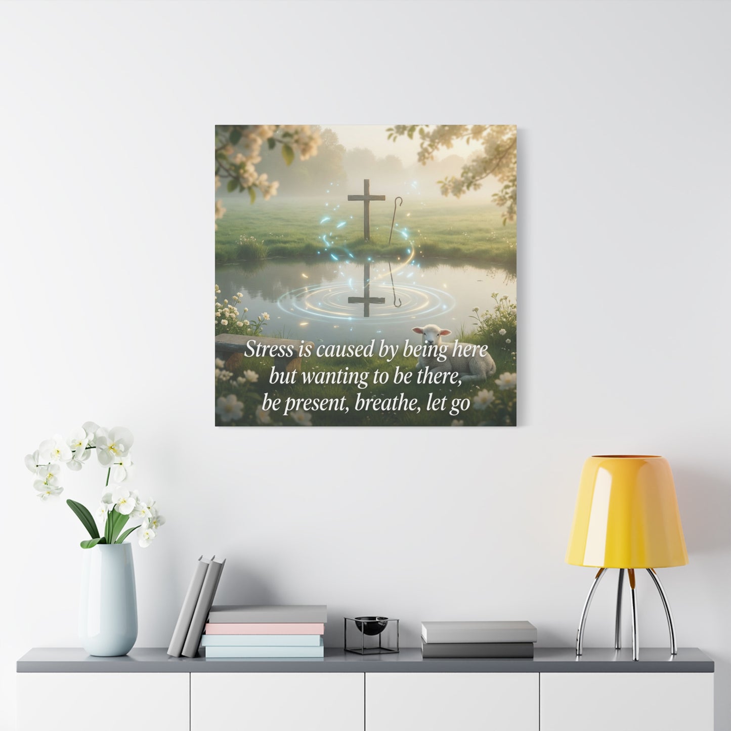"Stress is caused by being here but wanting to be there, be present, breathe, let go" Cross Canvas Wall Art - Christian Inspirational Pond Scene - Traditional Style - Bedroom Wall Decor