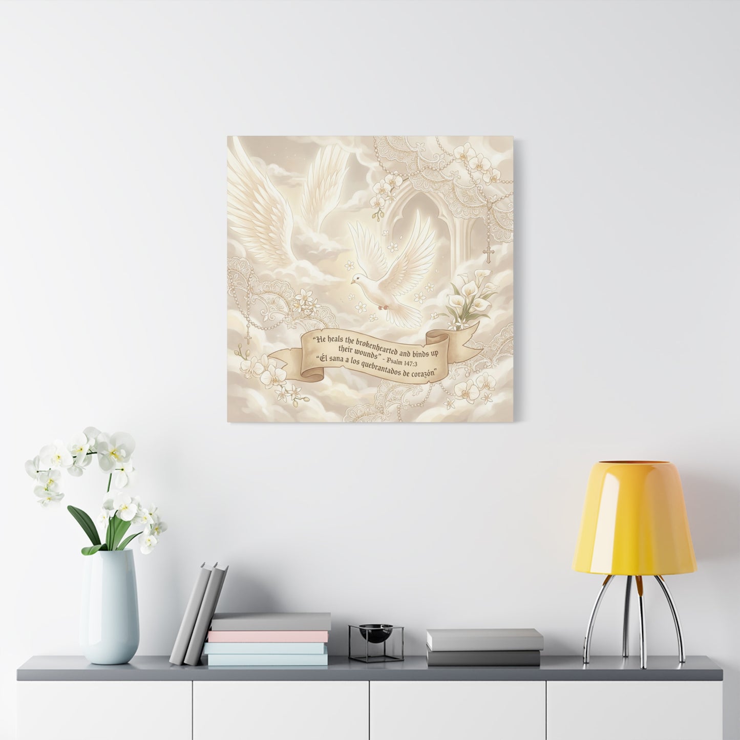 "He Heals The Brokenhearted And Binds Up Their Wounds" Canvas Wall Art - Dove, Cross, Psalm 147:3 Scripture Print - Beige Floral Christian Decor - Bedroom Living Room Home Decoration - Office Wall Art