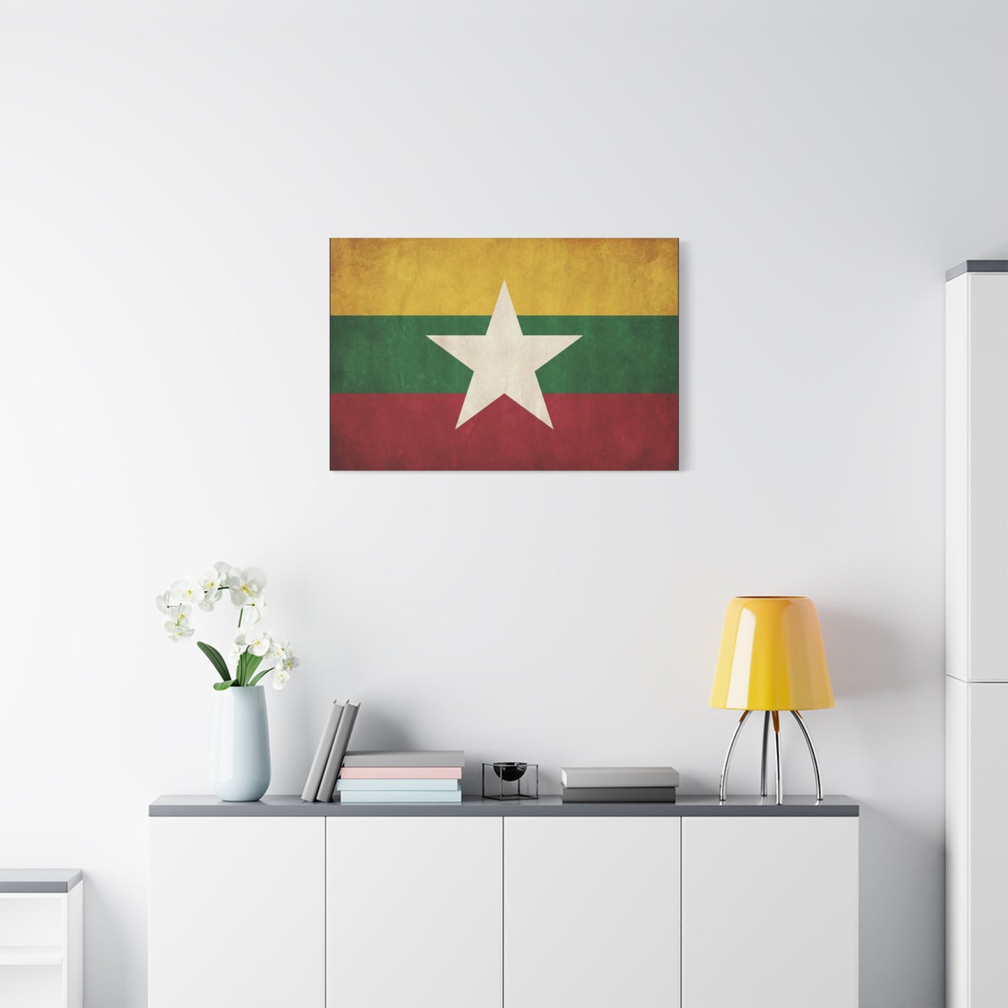 Myanmar Flag Canvas Wall Art - Vintage Burma Star Print, Patriotic Country Pride Decor - Distressed Tricolor Artwork - Living Room Wall Decor, Office Accent - Bedroom Home Decoration - Ready to Hang