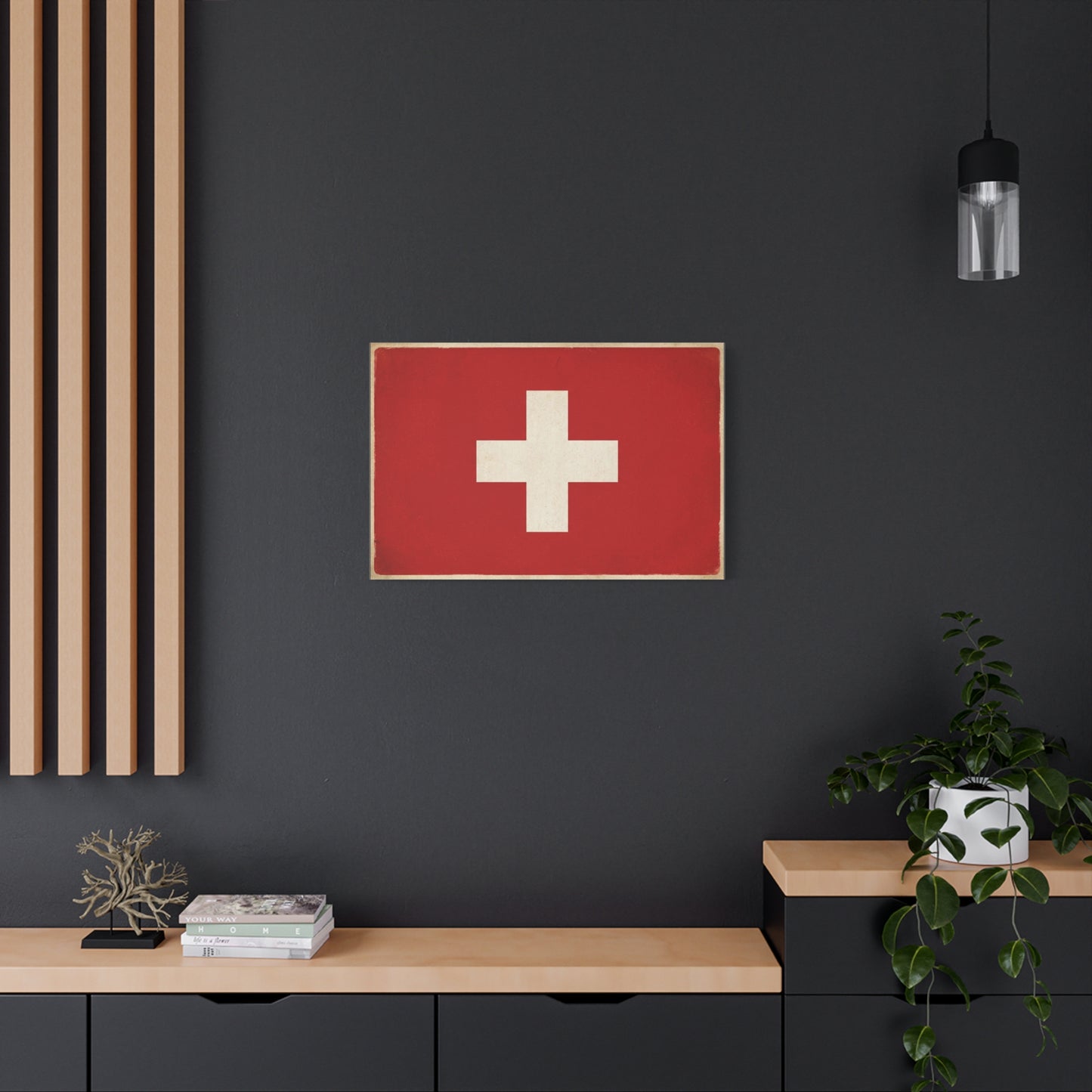 Swiss Flag Canvas Wall Art - Vintage Red White Cross Print, Patriotic Minimalist Decor - Rustic Travel Style - Living Room Wall Decor, Office Art - Bedroom Home Decoration - Bedroom Home Decoration