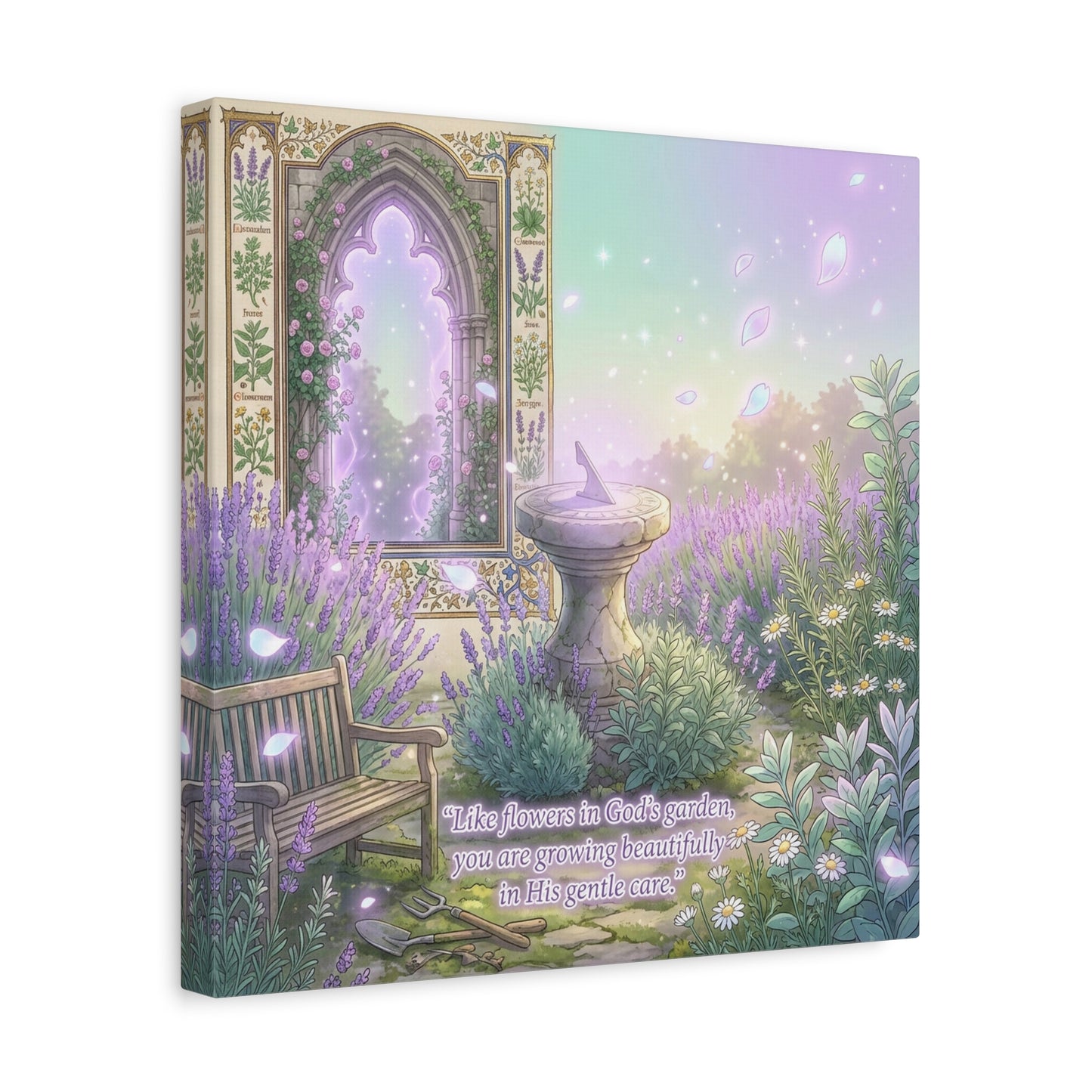 "Like Flowers In God's Garden, You Are Growing Beautifully In His Gentle Care" Canvas Wall Art - Lavender Garden Arch, Sundial Bench - Pastel Botanical Decor For Bedroom Living Room - Office Wall Art