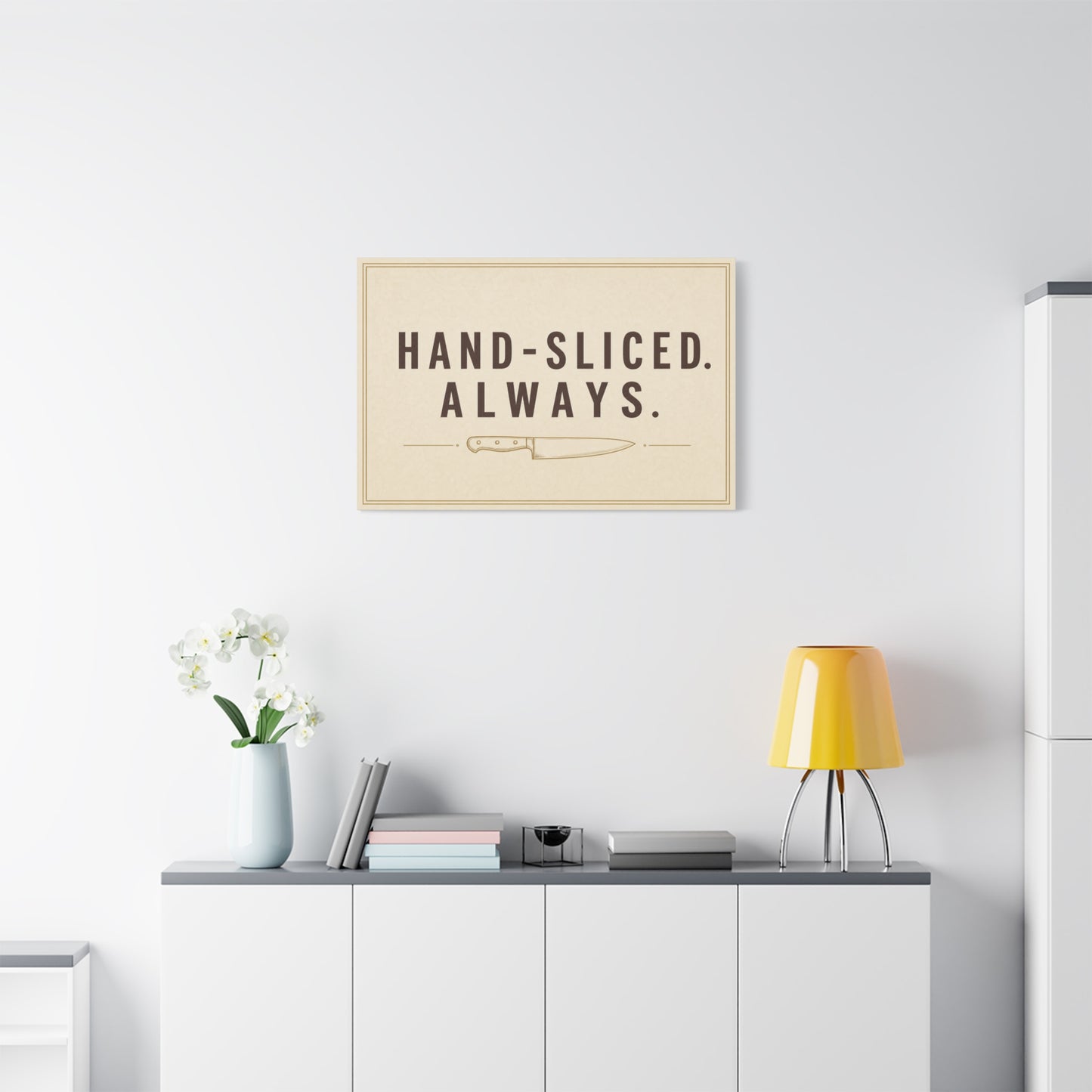"Hand-Sliced. Always." Kitchen Canvas Wall Art - Vintage Knife Typography Print - Rustic Farmhouse Wall Decor, Dining Room Home Decoration, Funny Kitchen Sign - Bedroom Home Decoration - Ready to Hang