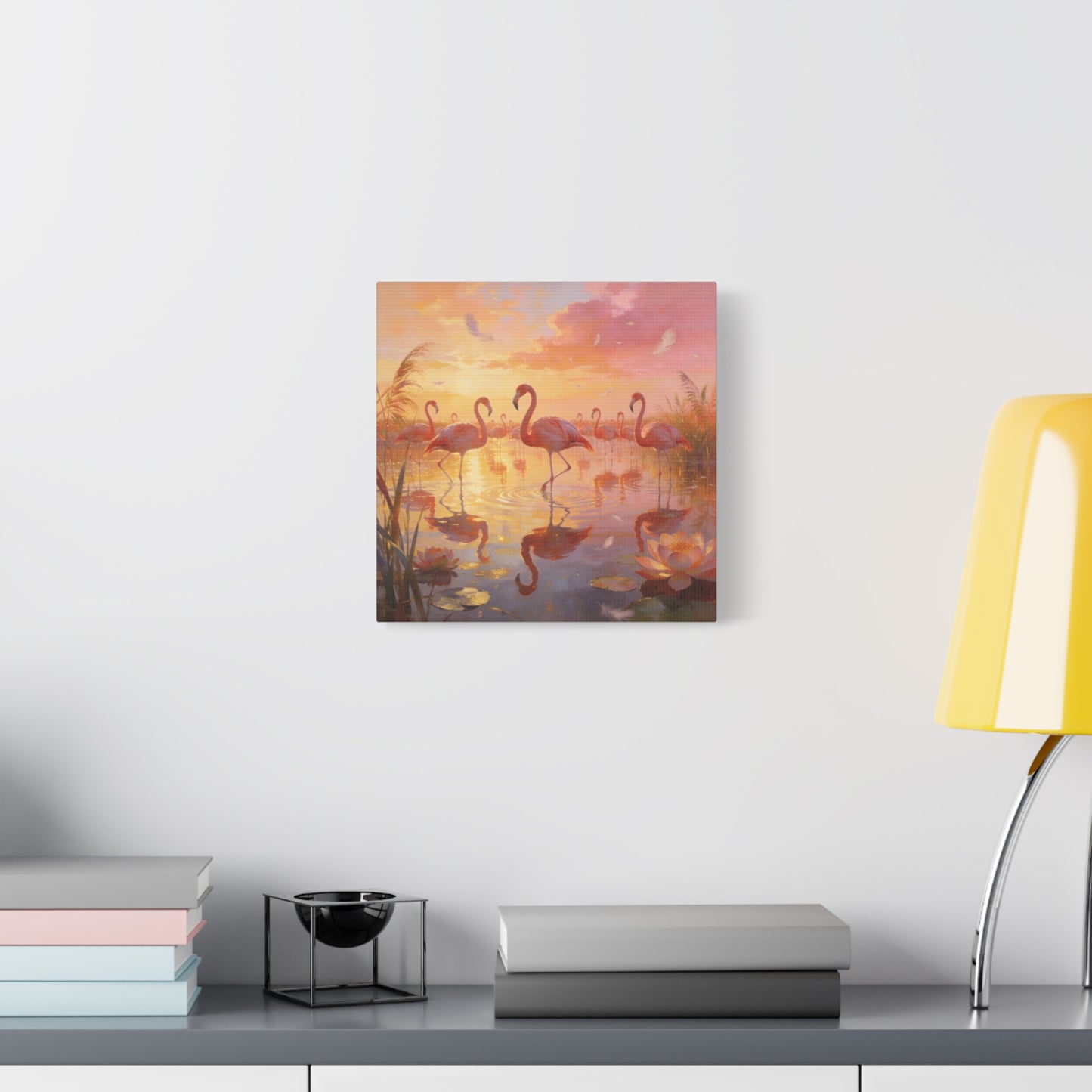 Pink Flamingo Canvas Wall Art - Sunset Wetland Birds, Lotus Pond Reflections - Dreamy Tropical Illustration, Matte Canvas Print - Living Room Wall Decor, Bedroom Home Decoration - Ready to Hang