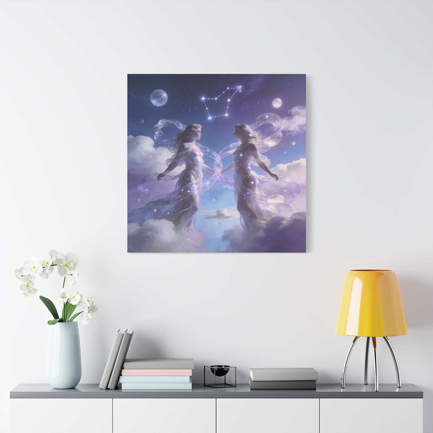 Gemini Zodiac Canvas Wall Art - Celestial Twin Women Under Constellation, Dreamy Fantasy Sky Scene - Matte Cotton Art Print - Bedroom Wall Decor, Meditation Space Accent - Bedroom Home Decoration