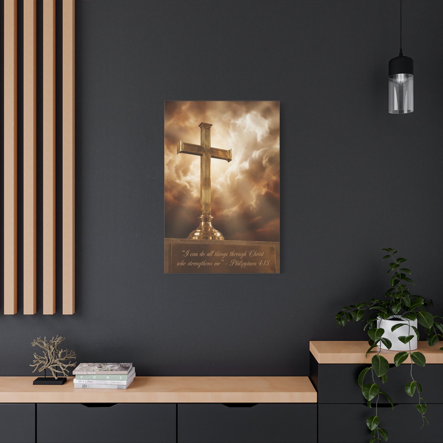 "I Can Do All Things Through Christ Who Strengthens Me" Christian Canvas Wall Art - Gold Cross, Philippians 4:13 Scripture Print - Traditional Faith Decor, Bedroom Living Room - Living Room Wall Decor