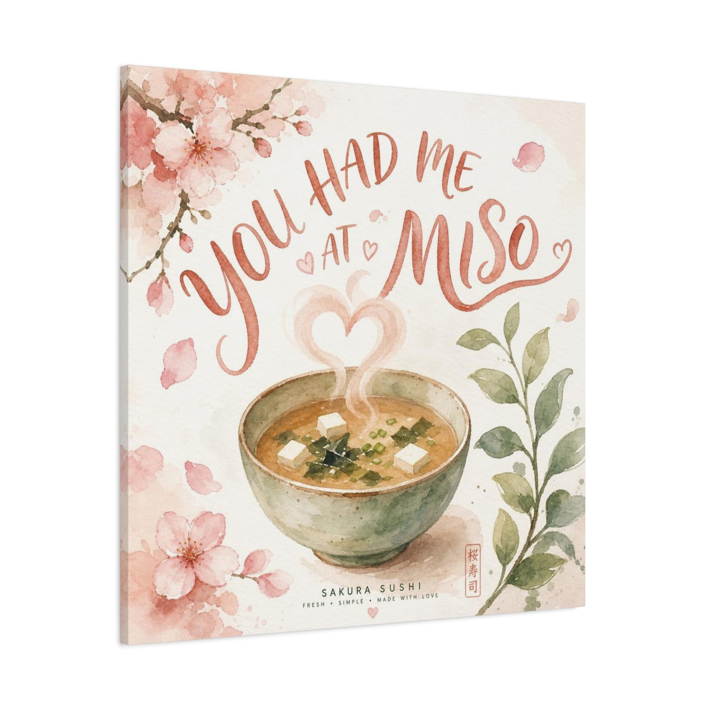 "You Had Me At Miso" Canvas Wall Art - Watercolor Soup Bowl, Cherry Blossom Typography - Japanese Food Illustration, Pink Botanical Style - Kitchen Wall Decor, Dining Room Accent - Ready to Hang