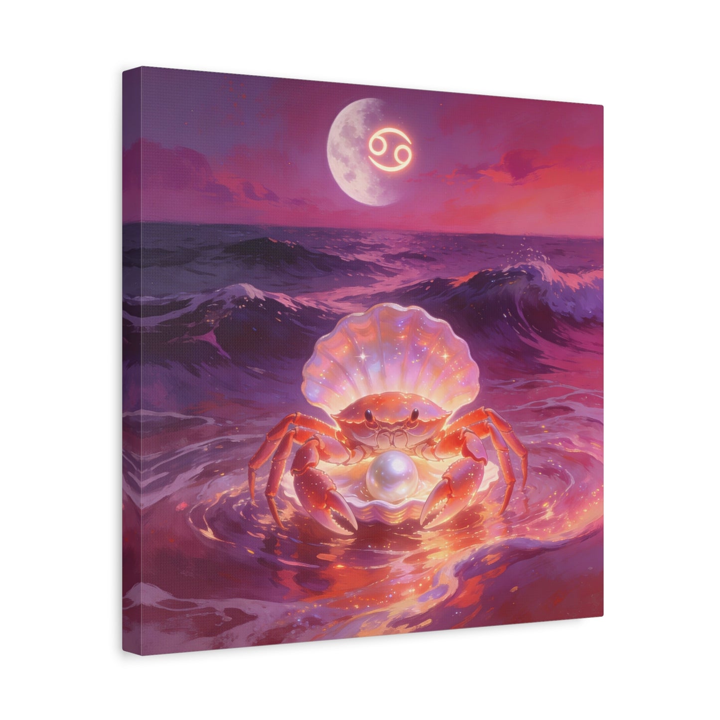 Cancer Zodiac Crab Canvas Wall Art - Moonlit Ocean Pearl Illustration, Pink Purple Seascape - Surreal Coastal Style - Living Room Wall Decor, Bedroom Home Decoration - Bedroom Home Decoration