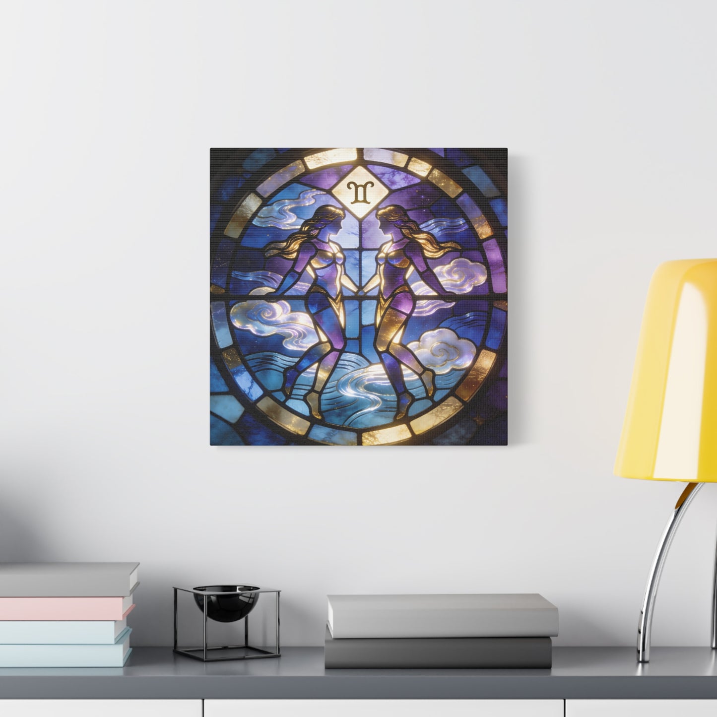 Gemini Zodiac Canvas Wall Art - Stained Glass Twin Women Celestial Print, Blue Purple Gold Astrology Decor - Modern Mystical Artwork - Bedroom Home Decoration Office Wall Art - Bedroom Home Decoration