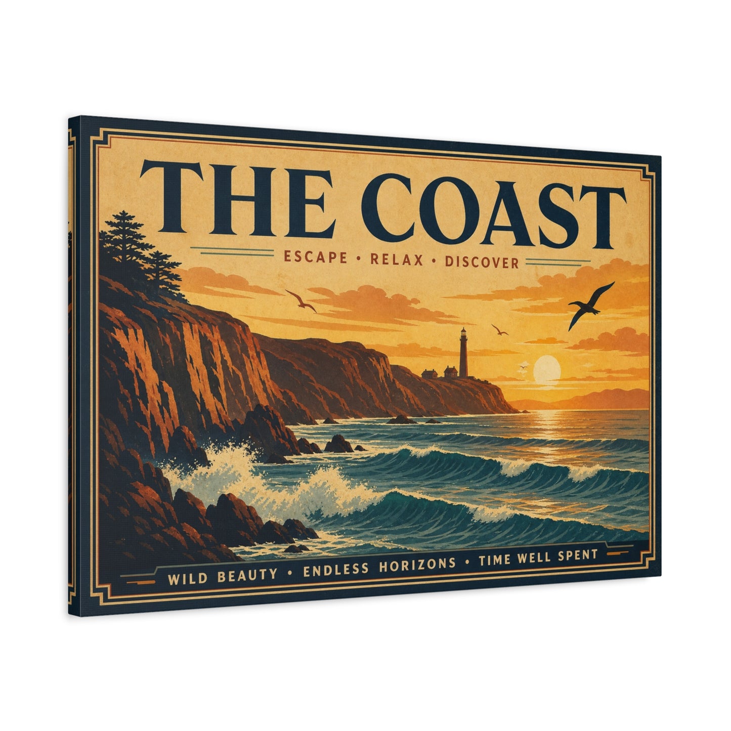 "The Coast" Coastal Canvas Wall Art - Vintage Lighthouse Sunset Ocean Waves Print - Retro Seascape Home Decor, Nautical Living Room Wall Decor - Modern Farmhouse Style - Bedroom Home Decoration