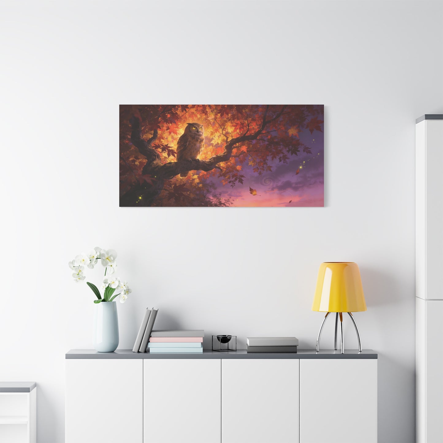 Owl Canvas Wall Art - Autumn Tree Branch Wildlife Illustration, Glowing Twilight Sky - Matte Canvas Print, Rustic Nature Style - Living Room Wall Decor, Bedroom Home Decoration - Cozy Reading Nook Art
