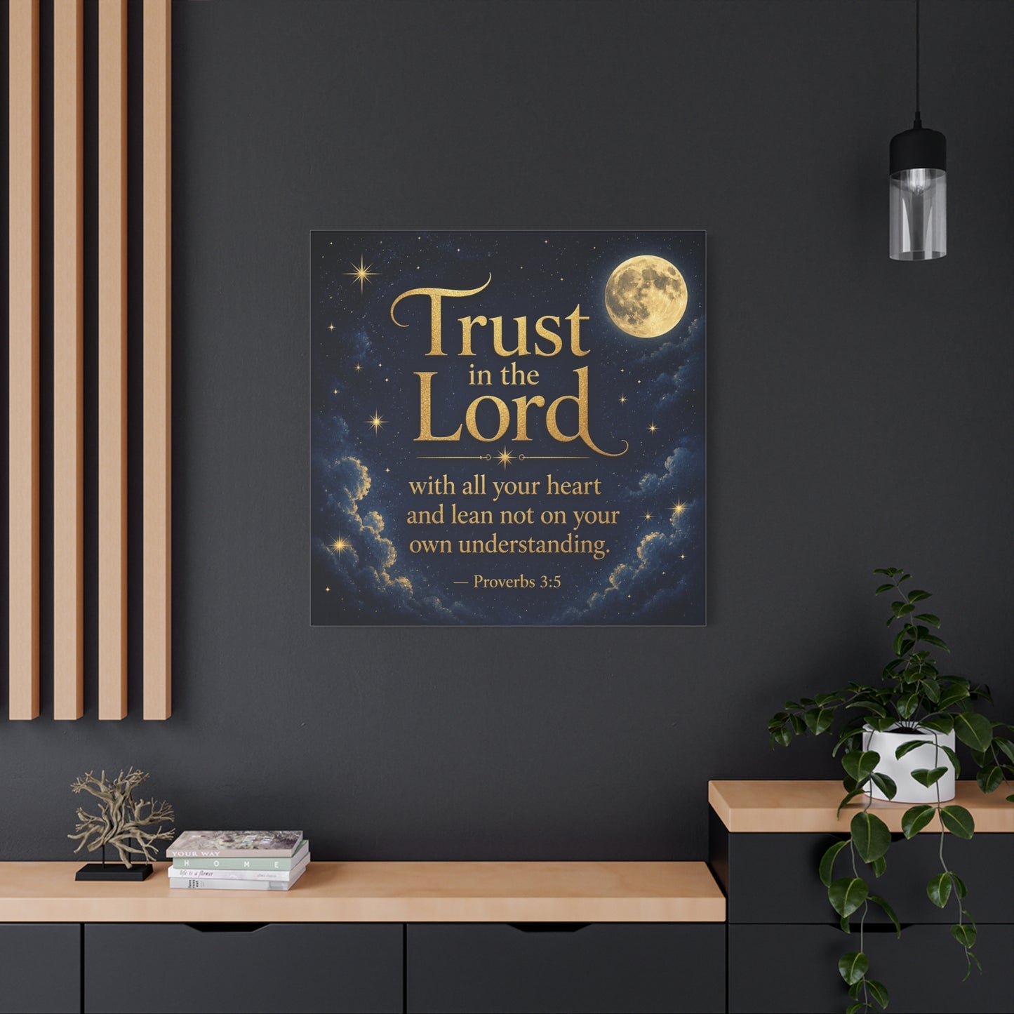 "Trust In The Lord" Bible Verse Canvas Wall Art - Moonlit Scripture Quote, Gold Typography, Christian Wall Decor - Traditional Night Sky Design - Bedroom Living Room Decoration - Ready to Hang