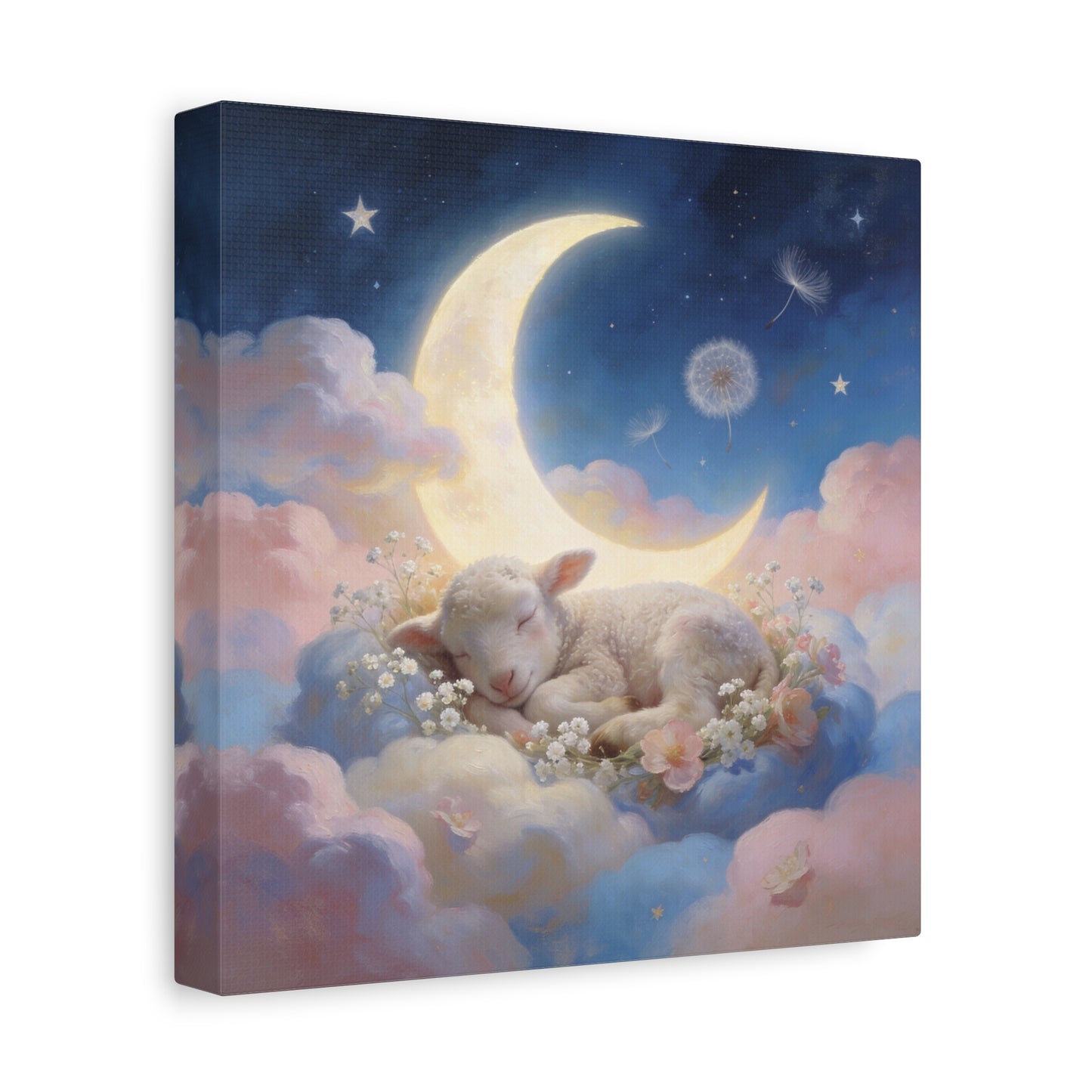 Sleeping Lamb Canvas Wall Art - Crescent Moon, Stars, Pink Clouds Nursery Decor - Dreamy Pastel Canvas Print - Whimsical Storybook Style - Bedroom Home Decoration, Kids Room Accent - Office Wall Art