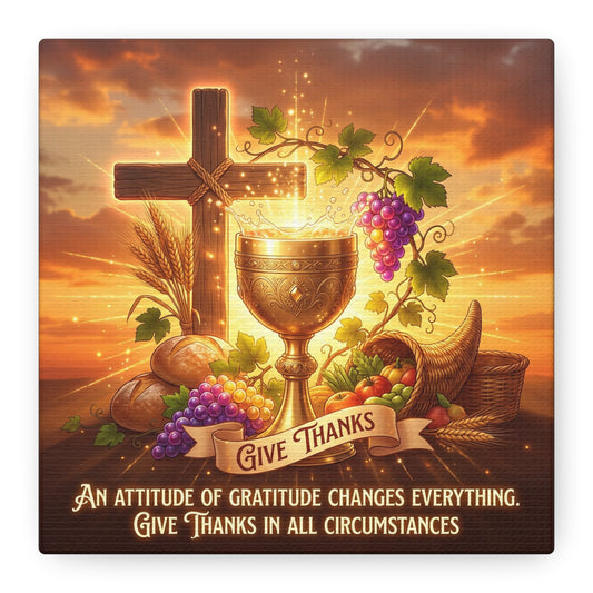 "Give Thanks" Christian Canvas Wall Art - Cross, Communion Chalice, Grapes, Bread - Gratitude Scripture Decor, Matte Cotton Print - Ready to Hang