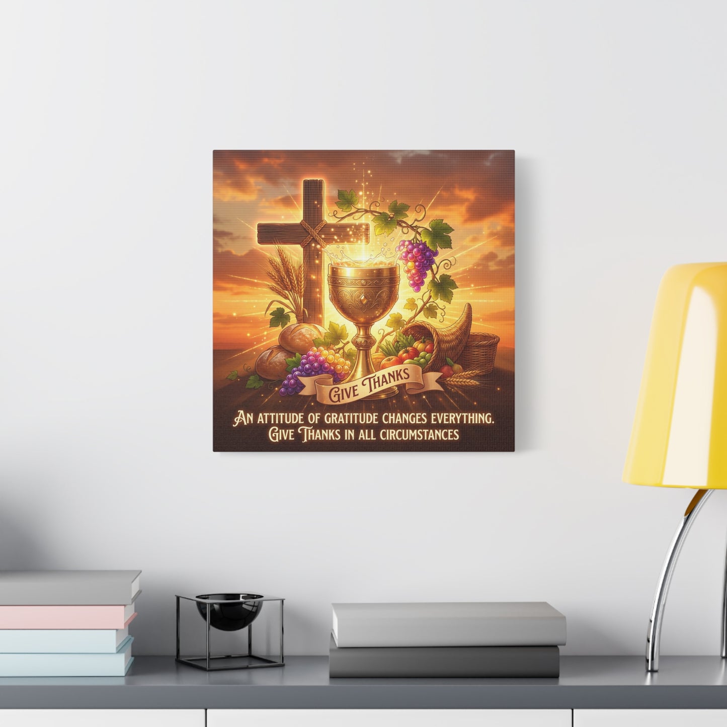 "Give Thanks" Christian Canvas Wall Art - Cross, Communion Chalice, Grapes, Bread - Gratitude Scripture Decor, Matte Cotton Print - Ready to Hang