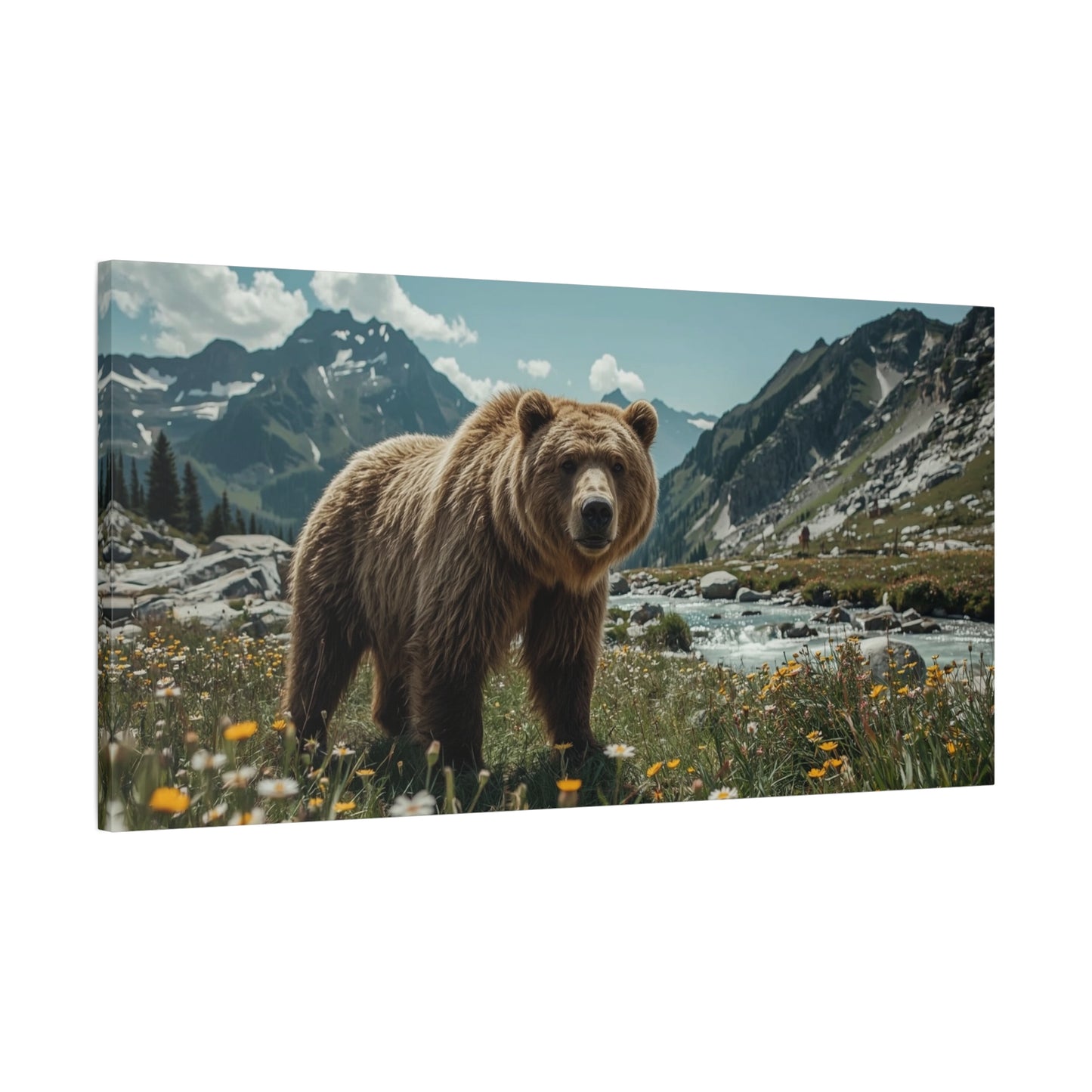 Grizzly Bear Canvas Wall Art - Alpine Mountain Meadow Wildlife Art Print - Rustic Nature Decor, Cotton Canvas - Living Room Wall Decor, Lodge Bedroom Home Decoration - Bedroom Home Decoration