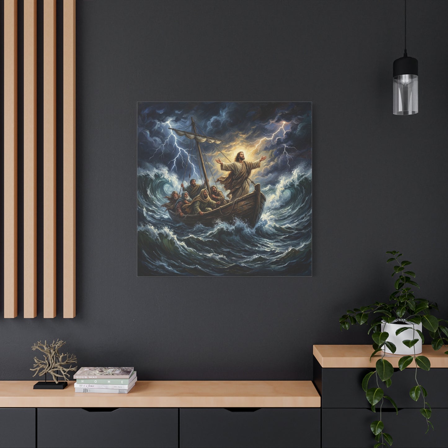 Jesus Calming The Storm Canvas Wall Art - Bible Boat Sea Scene, Dramatic Lightning Waves - Cotton Matte Print - Traditional Religious Decor For Living Room Office Bedroom - Living Room Wall Decor