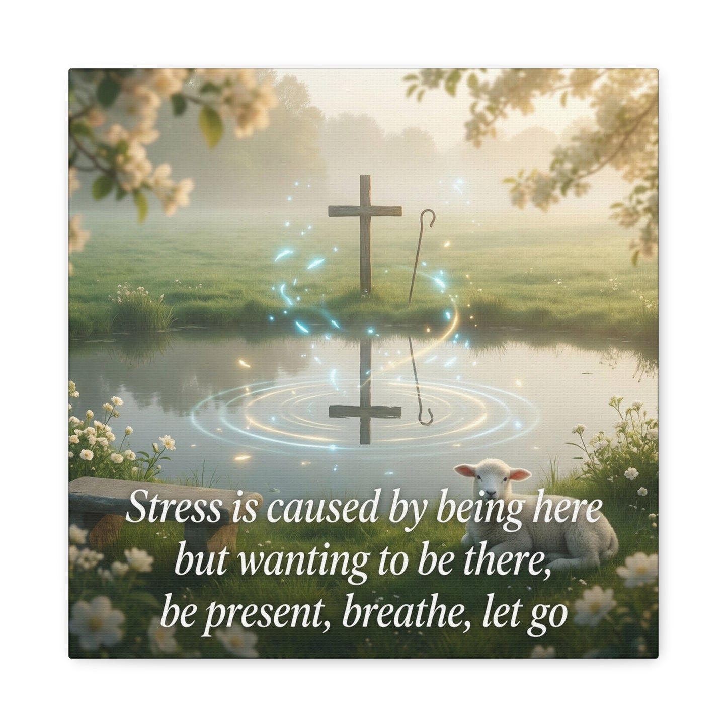 "Stress is caused by being here but wanting to be there, be present, breathe, let go" Cross Canvas Wall Art - Christian Inspirational Pond Scene - Traditional Style - Bedroom Wall Decor