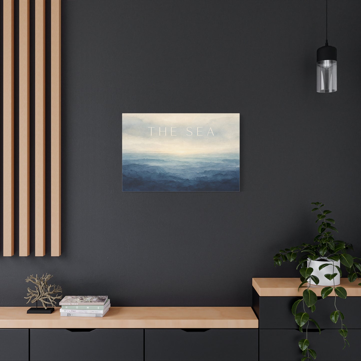"The Sea" Coastal Canvas Wall Art - Blue Ocean Horizon Watercolor Typography Print - Serene Minimalist Seascape Decor - Bedroom Wall Hanging, Living Room Home Decoration, Meditation Space