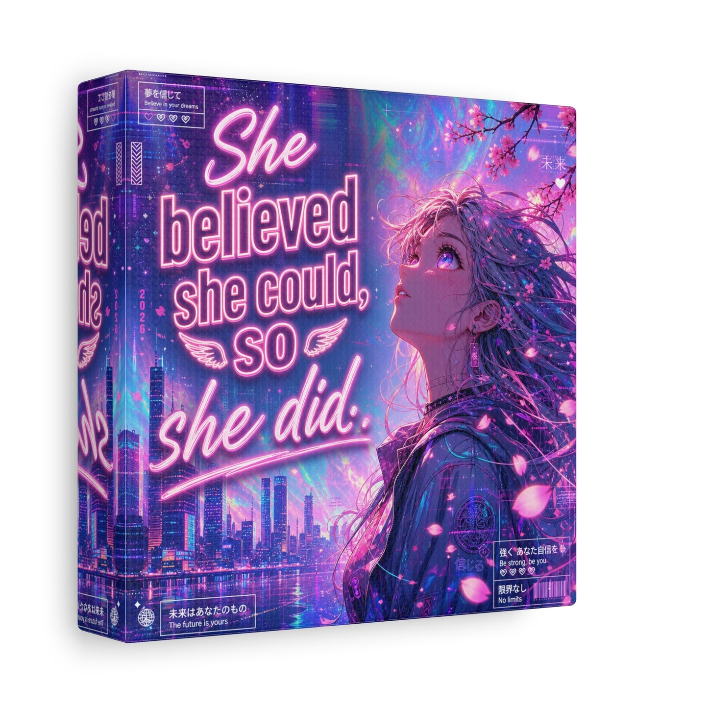 "She Believed She Could, So She Did" Anime Girl Canvas Wall Art - Neon Sakura Cityscape, Inspirational Typography Print - Contemporary Bedroom Wall Decor, Teenager Room Decor - Bedroom Home Decoration