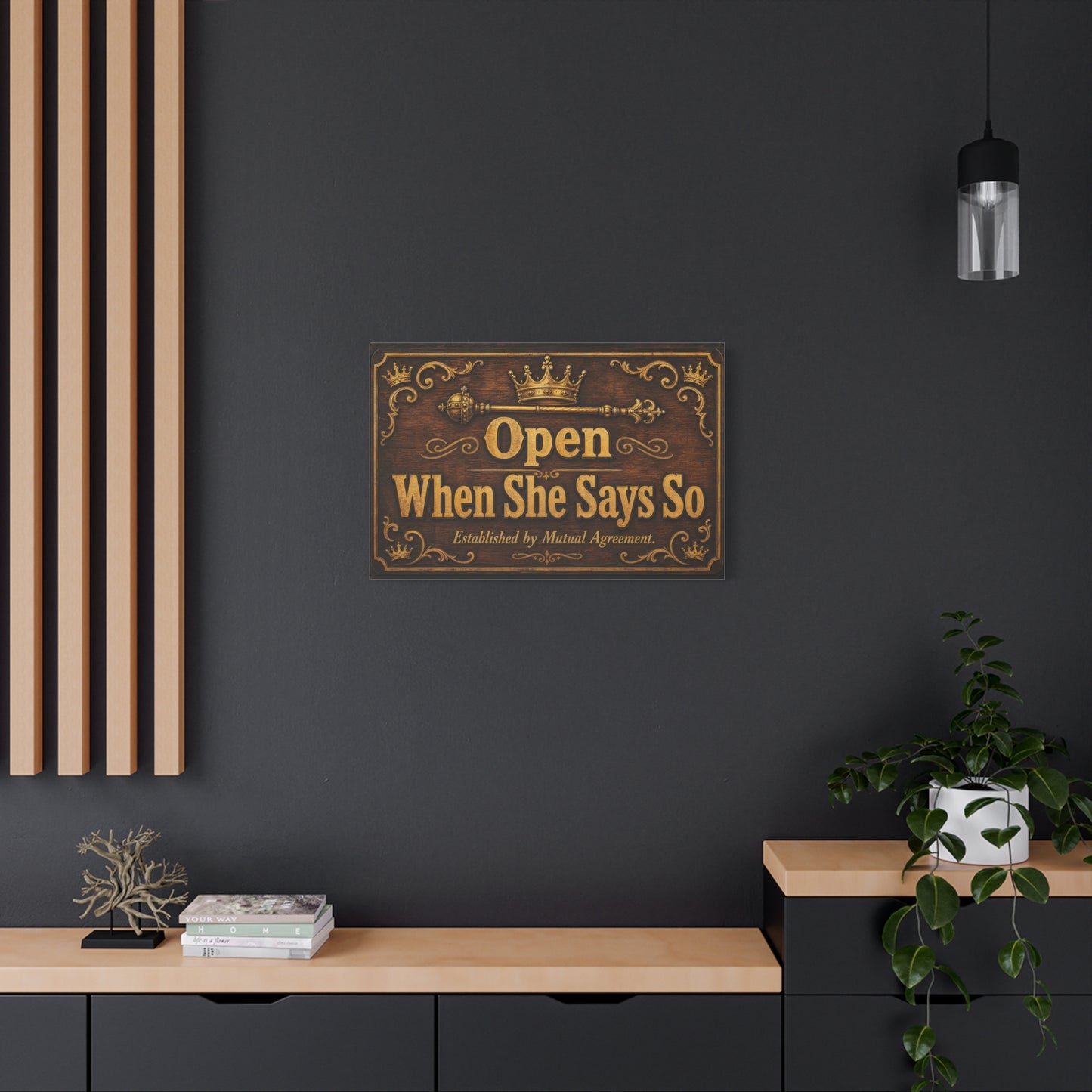 "Open When She Says So" Canvas Wall Art - Vintage Crown Scepter Typography Sign - Rustic Brown Gold Humor Decor - Man Cave Living Room Wall Decor - Bedroom Home Decoration - Bedroom Home Decoration