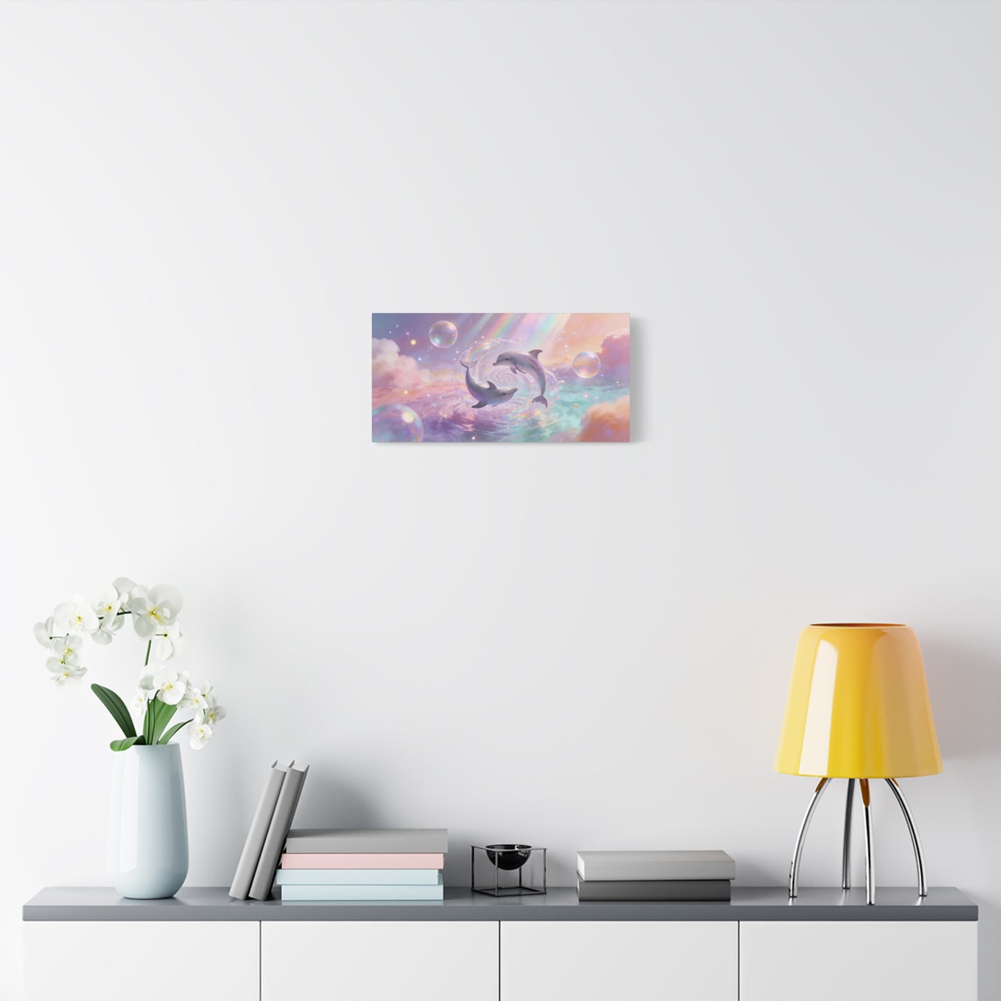 Dolphin Canvas Wall Art - Dreamy Ocean Swirl, Pastel Sky And Rainbow Light - Cotton Canvas Print - Whimsical Contemporary Style - Living Room Wall Decor, Bedroom Home Accent - Bedroom Home Decoration