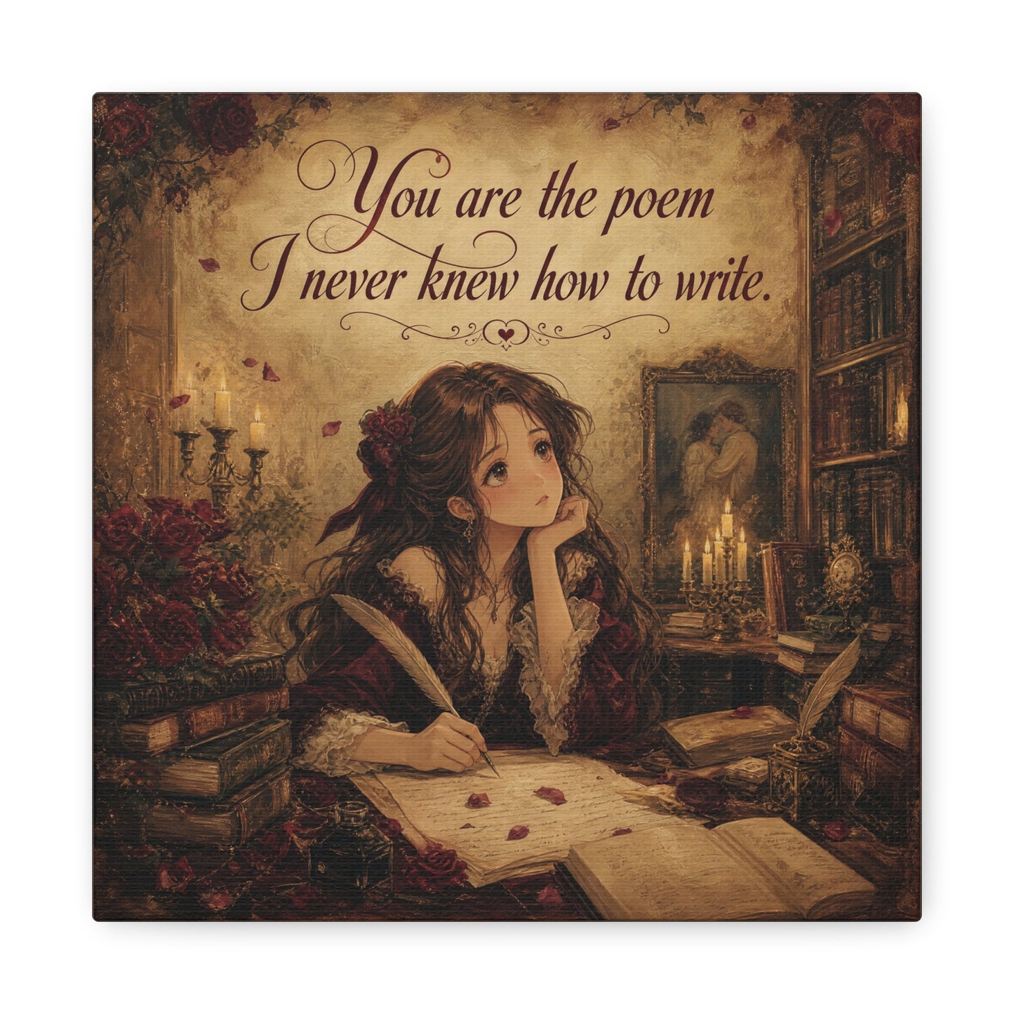 "You Are The Poem I Never Knew How To Write" Quote Canvas Wall Art - Romantic Gothic Library Girl Illustration - Vintage Brown Decor - Bedroom Wall Hanging, Teenager Room Decor - Ready to Hang