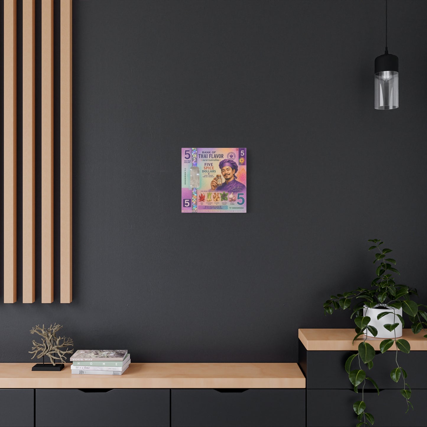 "Bank Of Thai Flavor" Thai Chef Canvas Wall Art - Five Spice Dollars Food Illustration, Colorful Typography Print, Eclectic Kitchen Decor, Cafe Wall Decor, Restaurant Wall Accent - Ready to Hang
