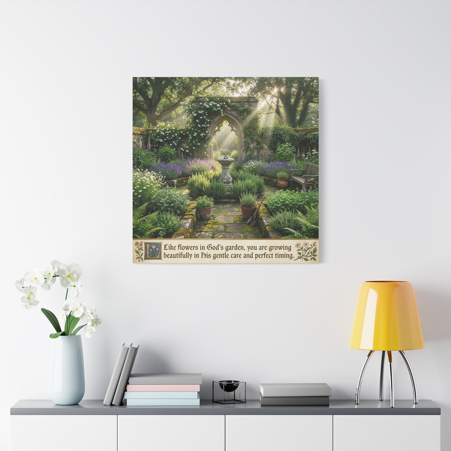 "Like Flowers In God's Garden, You Are Growing Beautifully In His Gentle Care And Divine Timing" Canvas Wall Art - Sunlit Garden Arch, Botanical Landscape Print - Living Room Decor - Office Wall Art