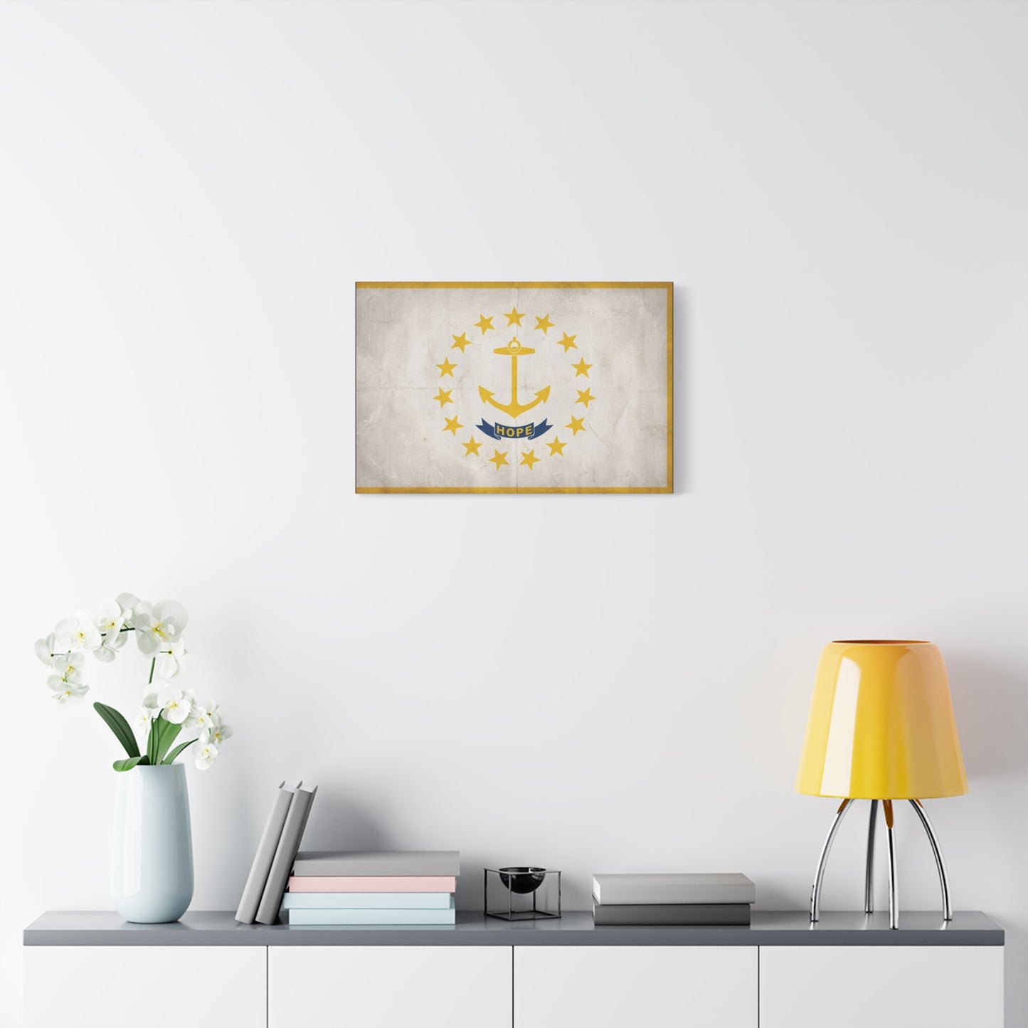 "HOPE" Rhode Island Flag Canvas Wall Art - Anchor And Stars State Print, Vintage Nautical Decor - Minimalist Gold Blue Design - Living Room Wall Decor - Bedroom Home Decoration - Cozy Reading Nook Art