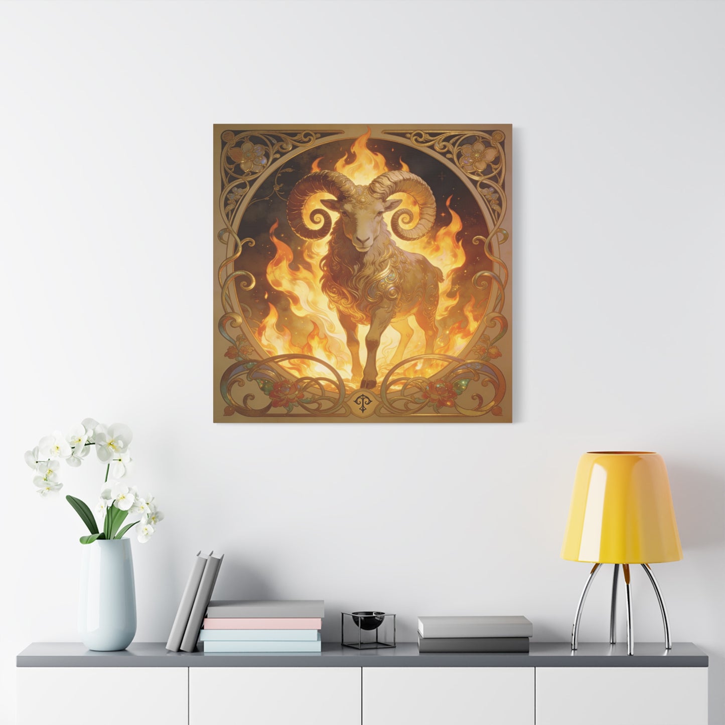 Aries Ram Canvas Wall Art - Fiery Zodiac Illustration, Ornate Gold Nouveau Design - Matte Cotton Art Print - Bohemian Astrology Decor, Bedroom Home Decoration, Office Wall Art - Modern Farmhouse Style