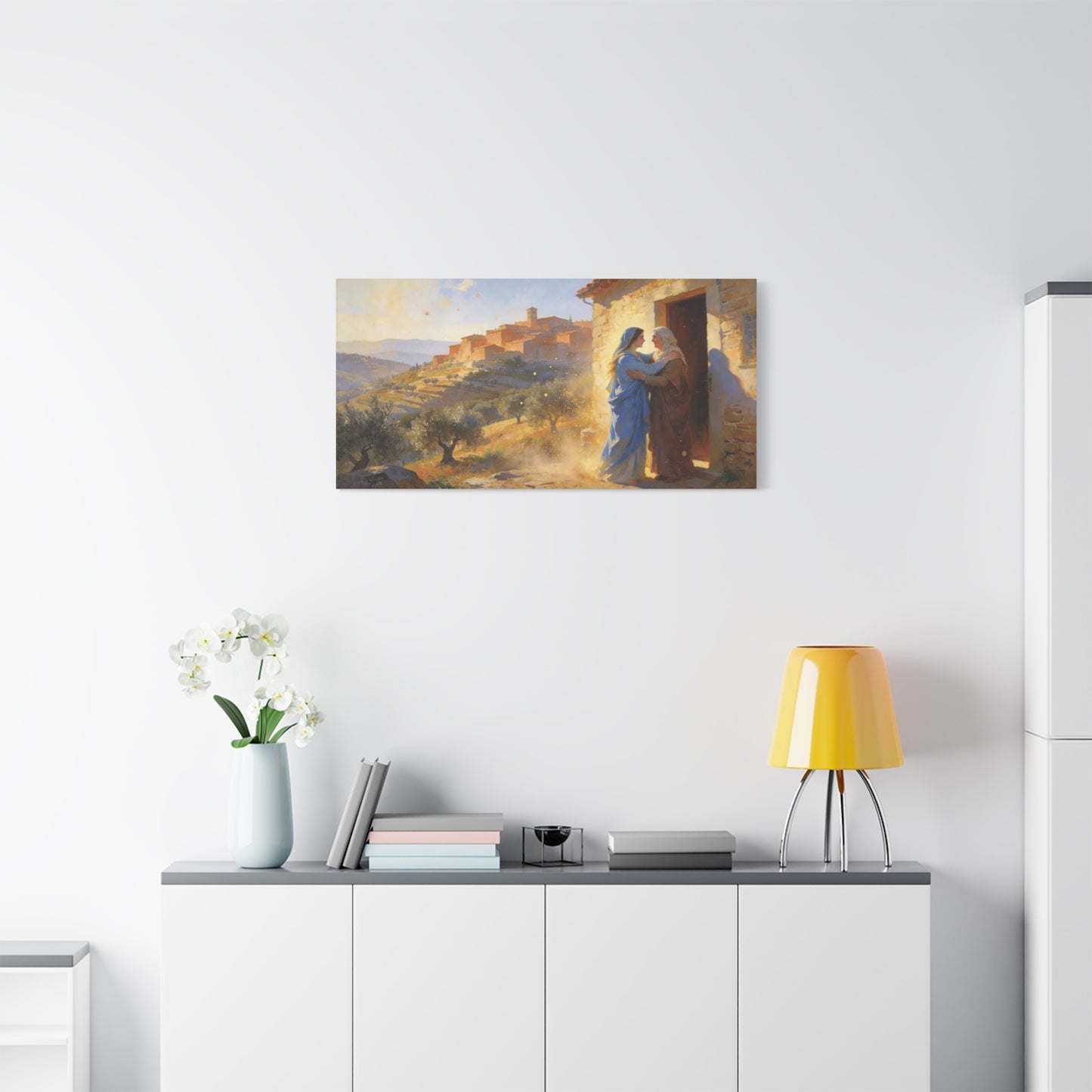 Virgin Mary Visitation Canvas Wall Art - Religious Biblical Village Scene, Golden Light Painting - Christian Home Decor, Traditional Style - Living Room Wall Decor Bedroom Decoration - Ready to Hang