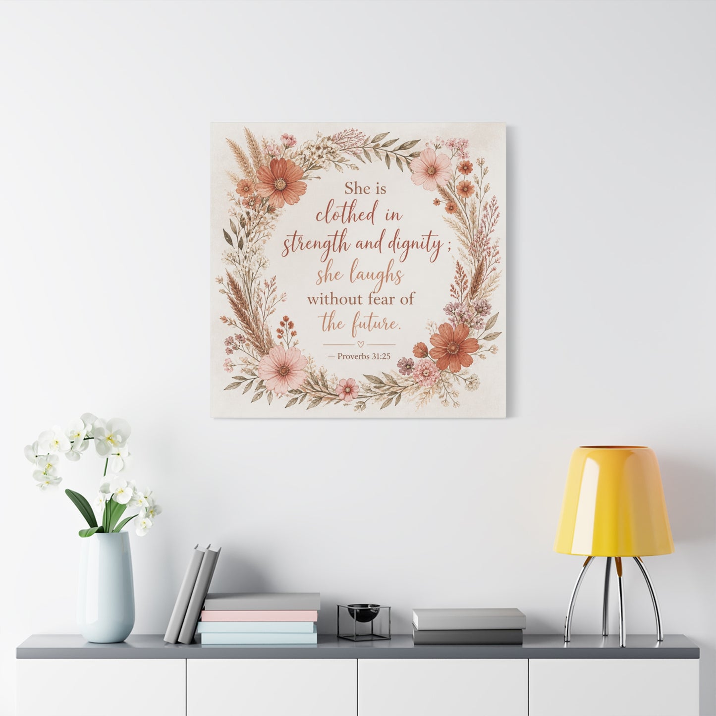 "She Is Clothed In Strength And Dignity" Floral Canvas Wall Art - Proverbs 31:25 Scripture Quote, Blush Wildflower Wreath, Farmhouse Style, Bedroom Wall Decor - Bedroom Home Decoration - Ready to Hang