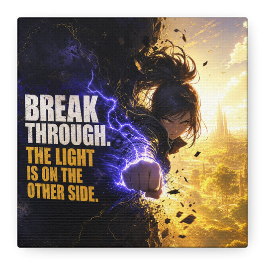 "Break Through. The Light Is On The Other Side." Anime Canvas Wall Art - Motivational Fantasy Girl Poster Print, Dramatic Gold Lightning, Contemporary Bedroom Decor, Teen Room Accent - Office Wall Art