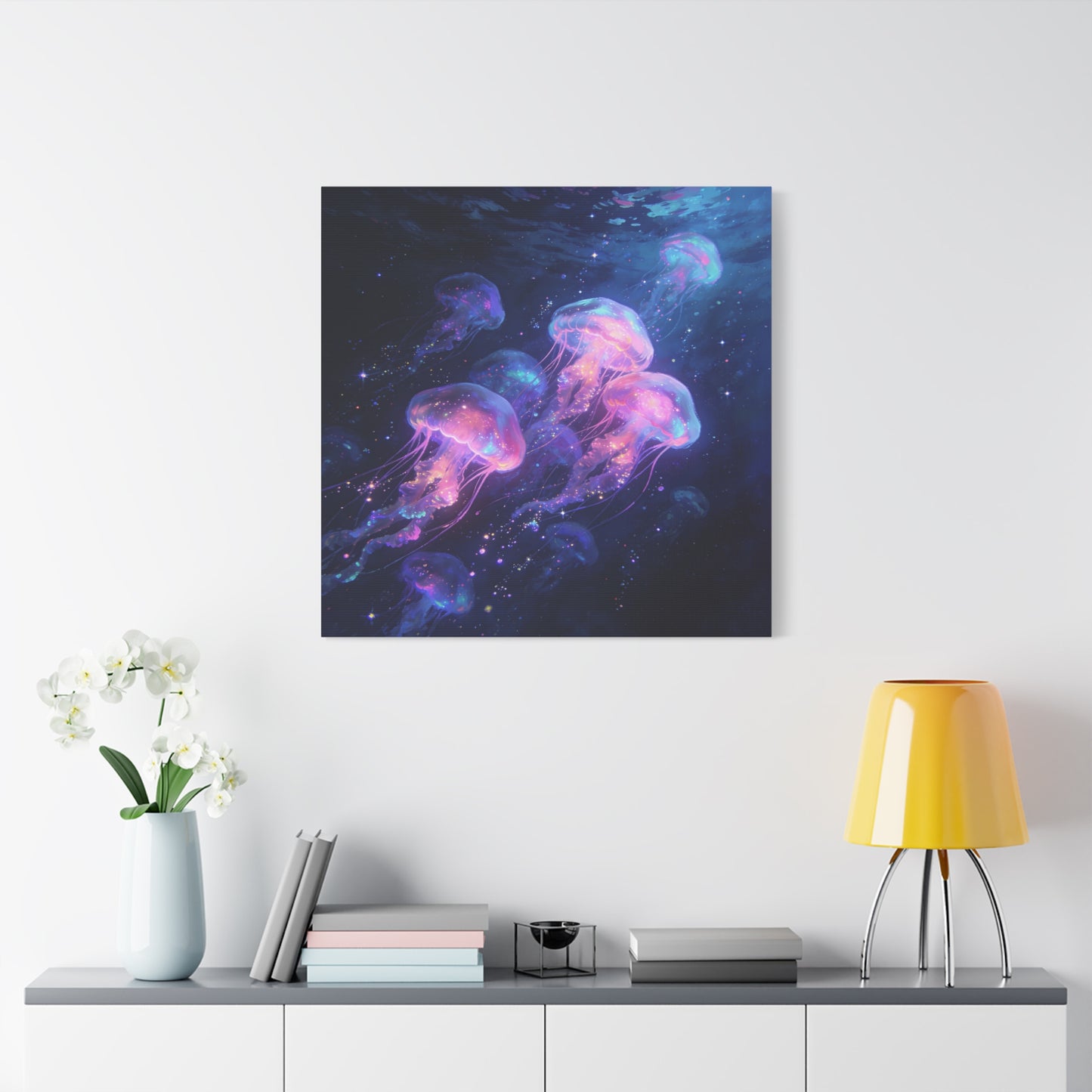 Glowing Jellyfish Canvas Wall Art - Ocean Fantasy Sea Life Decor, Luminous Pink Blue Artwork - Matte Canvas Print, Contemporary Style - Bedroom Wall Decor, Meditation Space Accent - Ready to Hang