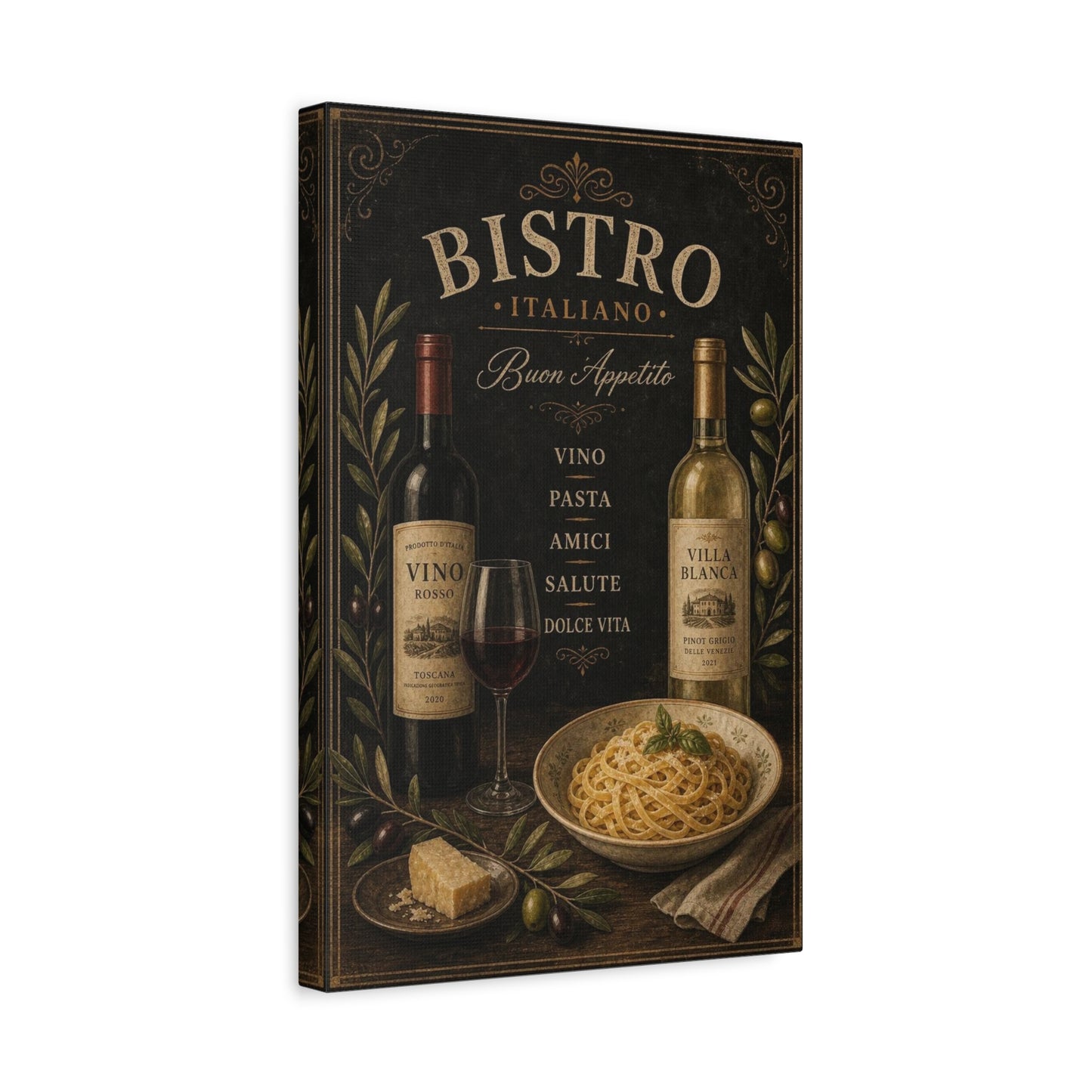"Bistro Italiano Buon Appetito" Canvas Wall Art - Wine Bottles, Pasta, Olives - Vintage Italian Kitchen Decor - Rustic Farmhouse Style - Dining Room Accent, Cafe Wall Decor - Bedroom Home Decoration