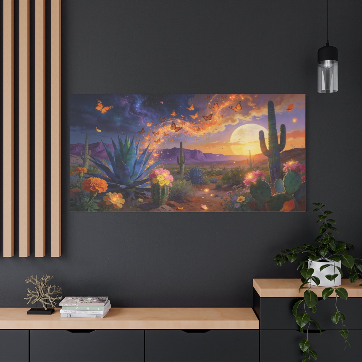 Desert Butterfly Canvas Wall Art - Moonlit Cactus Landscape, Agave And Wildflowers - Surreal Southwestern Style - Cotton Canvas Print - Living Room Wall Decor, Bedroom Accent - Bedroom Home Decoration