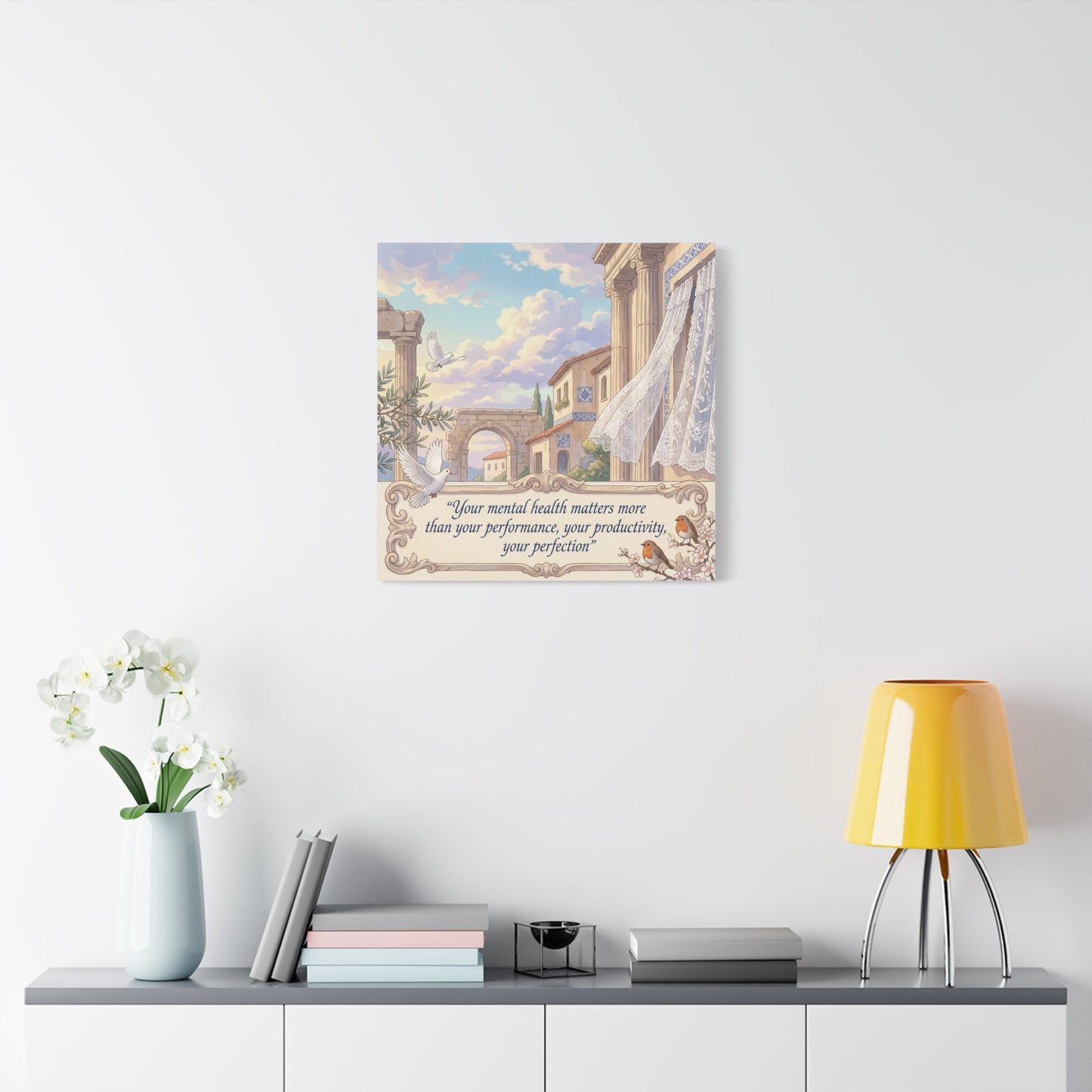 "Your Mental Health Matters More Than Your Performance, Productivity, Perfection" Canvas Wall Art - Dove Courtyard Quote Print - Pastel Mediterranean Decor - Bedroom Office Wall Hanging