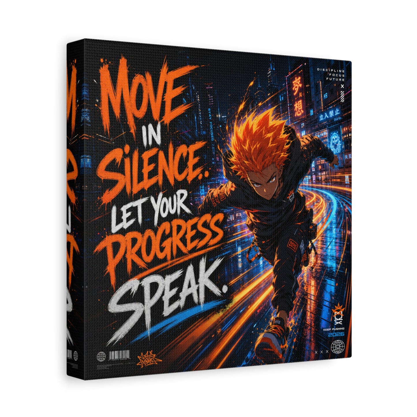 "Move In Silence Let Your Progress Speak" Anime Canvas Wall Art - Cyberpunk Runner Motivational Quote Print, Neon City Street Illustration - Teen Bedroom Decor, Home Office Accent - Office Wall Art