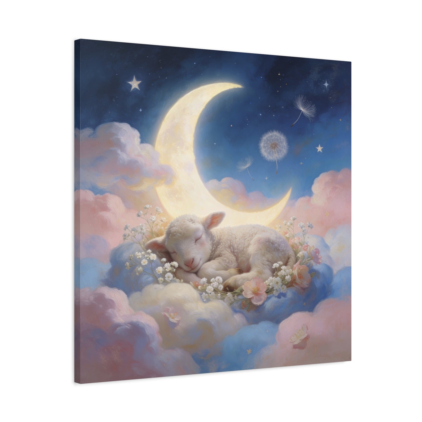 Sleeping Lamb Canvas Wall Art - Crescent Moon, Stars, Pink Clouds Nursery Decor - Dreamy Pastel Canvas Print - Whimsical Storybook Style - Bedroom Home Decoration, Kids Room Accent - Office Wall Art